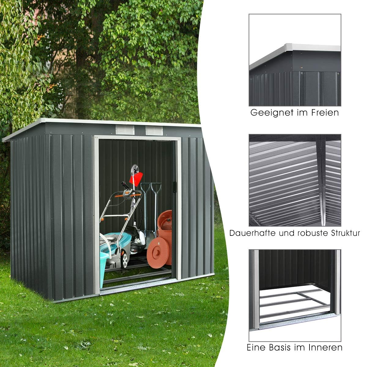 GOPLUS metalowy domek na narzędzia 2,37 m², 213 x 130 x 173 cm, szopa ogrodowa z drzwiami przesuwnymi i oknami oraz fundamentem, ocynkowany, odporny na warunki atmosferyczne domek ogrodowy do ogrodu
