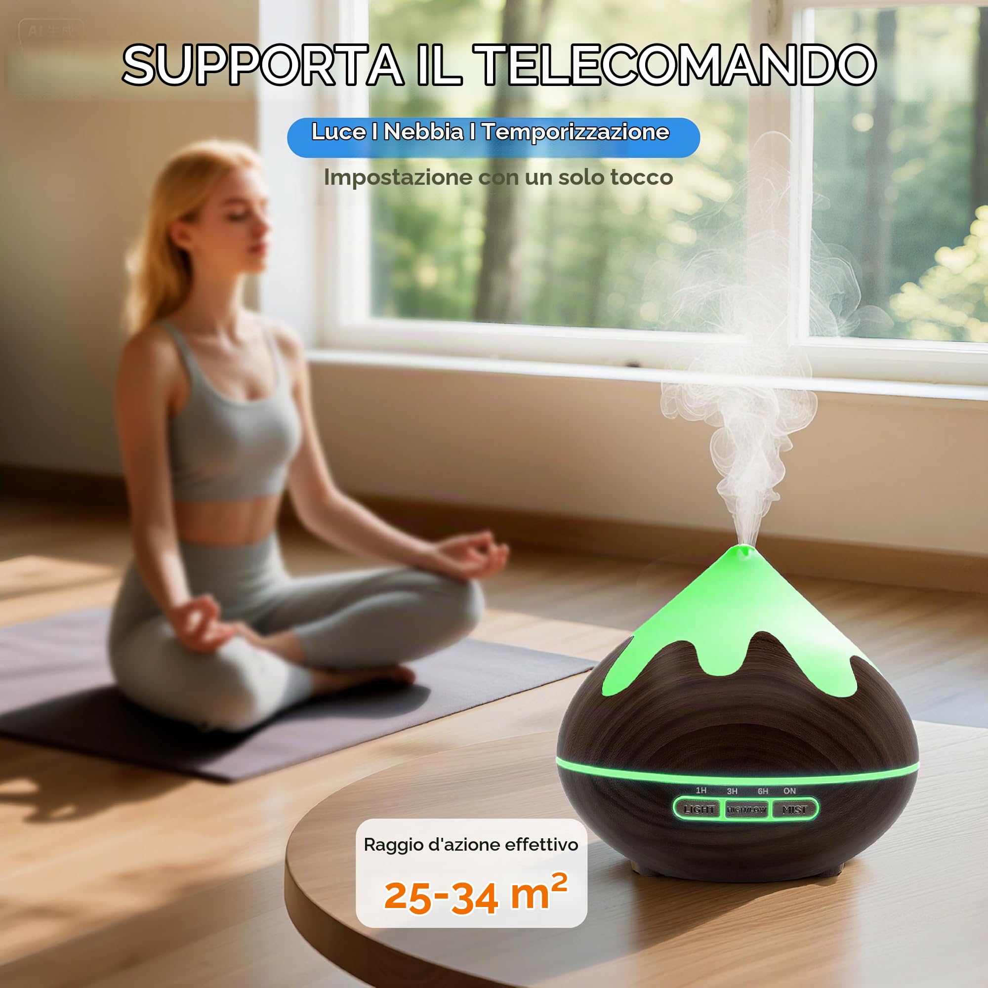 Diffusore di Oli Essenziali, 500ml aromatico a Grana di Legno, Ultrasuoni Aromaterapia con Luce Bianca Calda, Diffusore per Oli Essenziali Senza BPA, per Ufficio e Casa, Marrone Scuro
