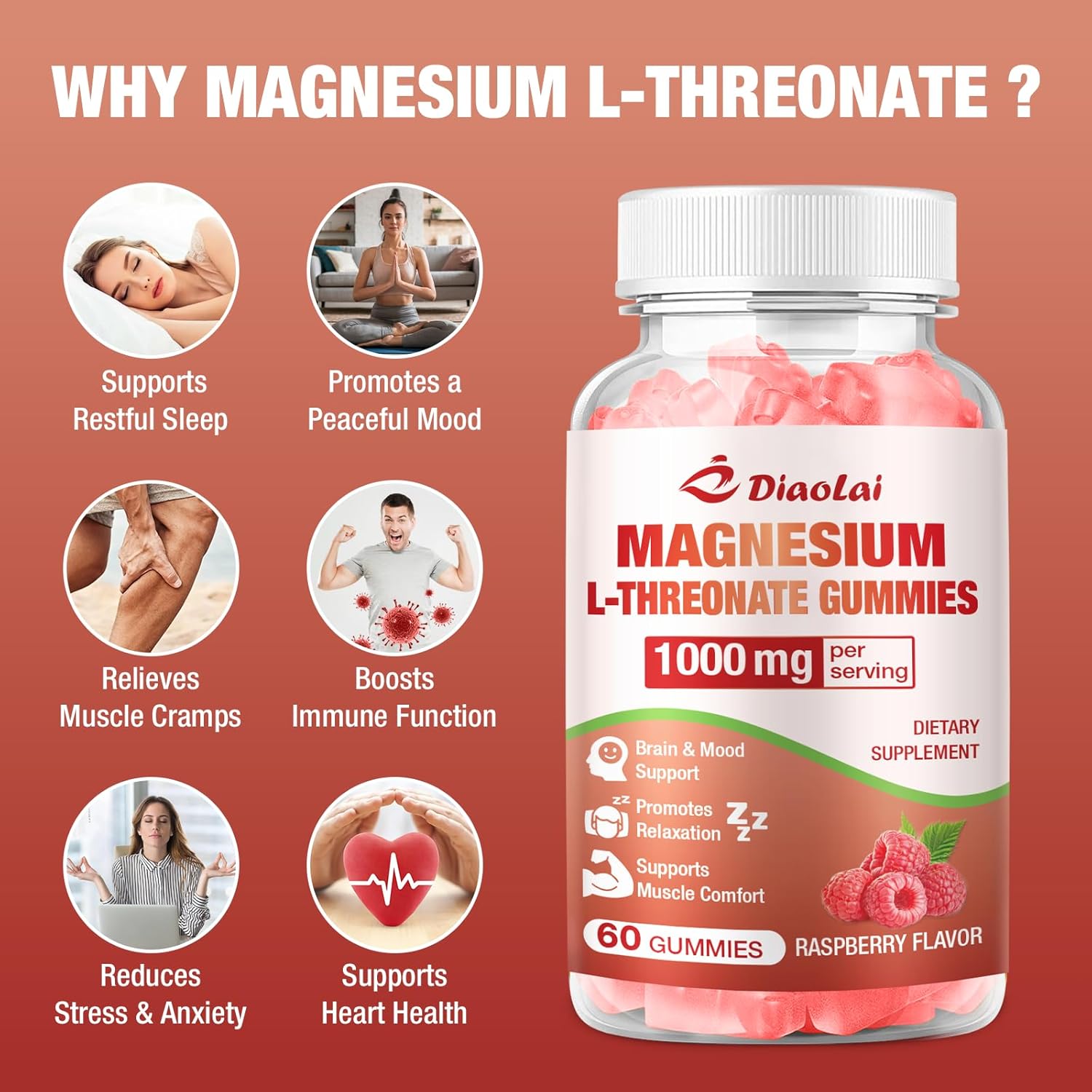 Magnesium L-Threonate Gummies 1000mg - Brain Supplement for Memory & Focus for Adults & Kids - Sugar-Free, Non-GMO, Raspberry Flavor - 60 Count - Image 3