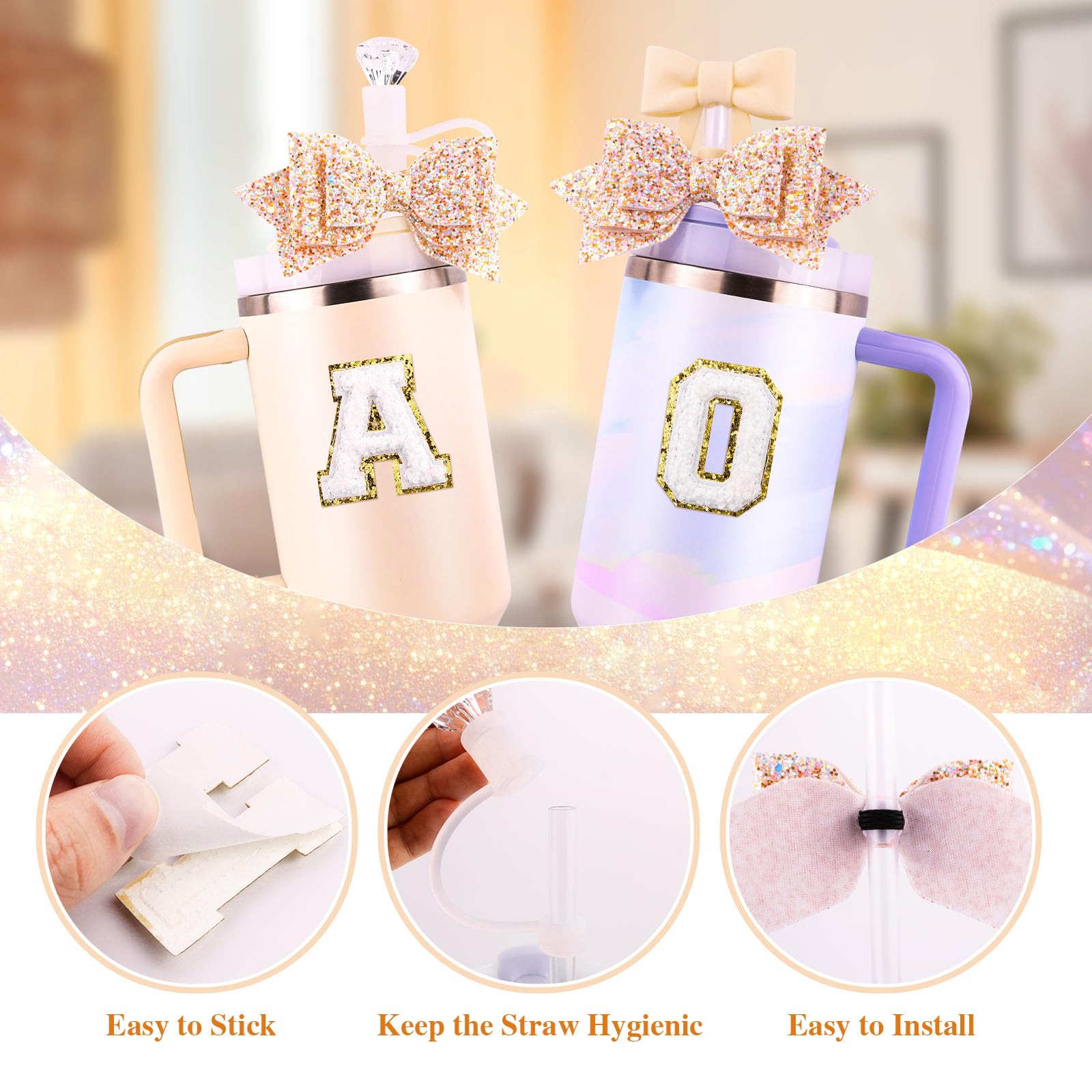 Lingdeer Ensemble D'accessoires De Tasse Blanc Pour Gobelet Stanley De 887 Ml Et 1200 Ml Avec Poignée, Breloques En Forme De Lettre, Nœud Et Couvercle De Paille En Diamant, Autocollant Personnalisé