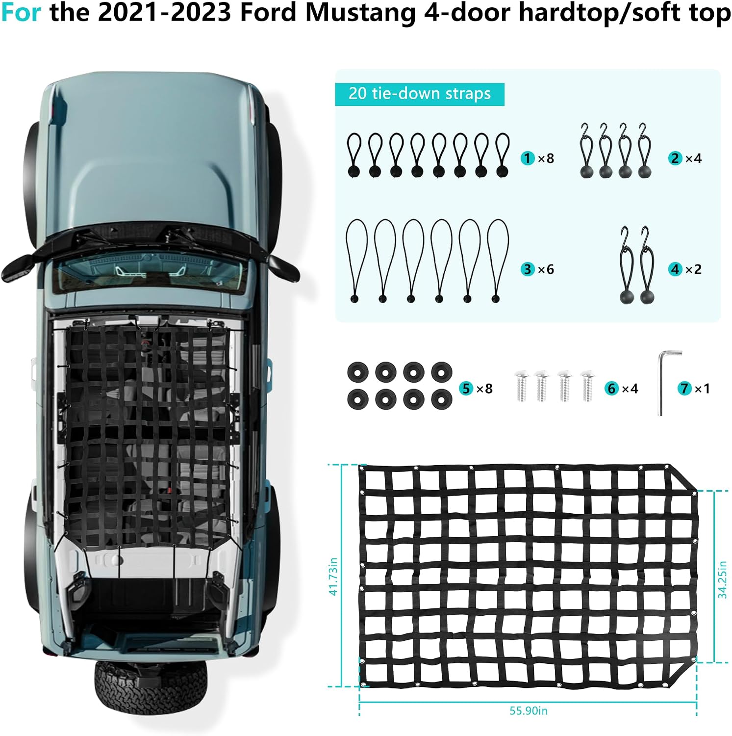 Roof Hammock Compatible with 2021 2022 2023 2024 2025 Ford Bronco 6th Gen. 4 Door Mesh Cargo Net Roof Bimini Hammock Exterior Decoration Webbing Soft Accessories Hard Top Netting Black