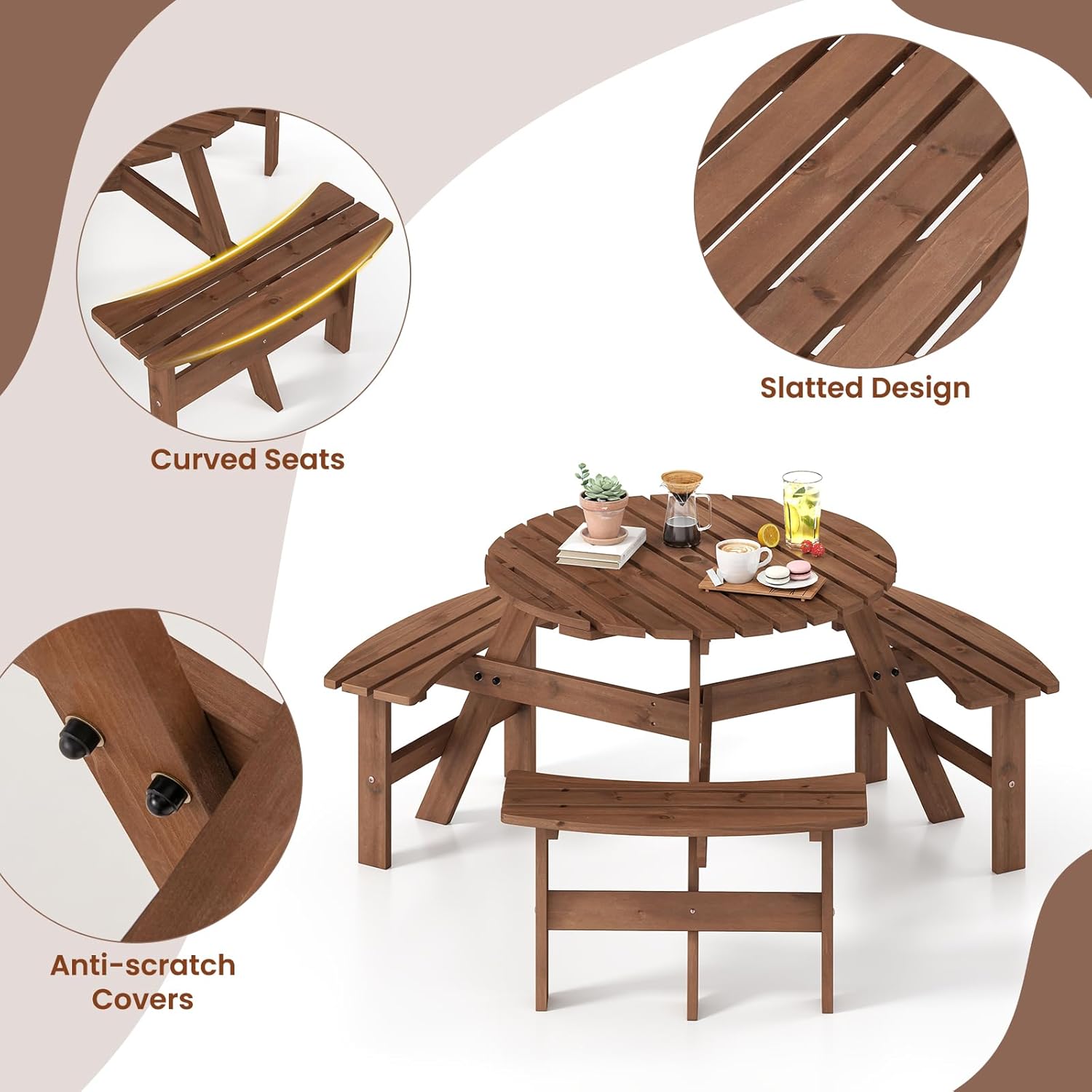 Tangkula 6-Person Wood Picnic Table, Outdoor Round Table and Bench Set with 3 Built-in Benches, Umbrella Hole, Perfect for Outside, Patio, Garden, Backyard, Porch (6-Person,Brown)
