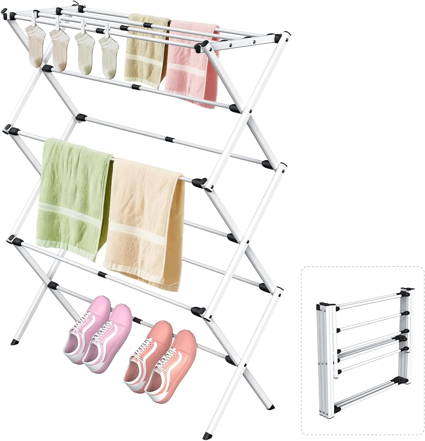 Foldable Clothes Drying Rack, Collapsible Laundry Drying Rack for Air Drying Clothing, Space-Saving Design for Indoor Outdoor Drying Rack Clothing (White)