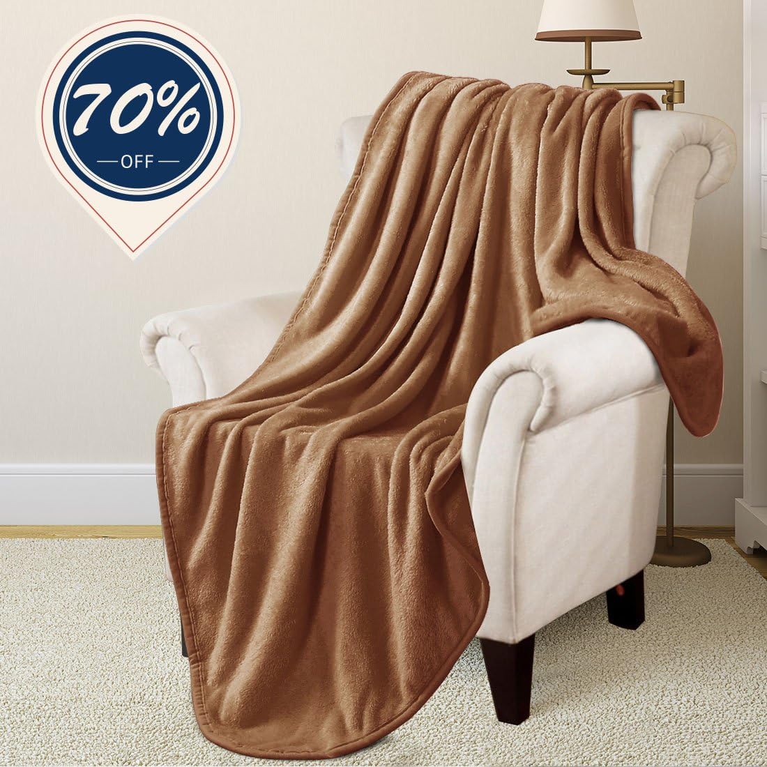 RISAR Flannel Luxury Blanket Soft Warm Cozy Plush Throw Lightweight for Bed Sofa Couch (Throw 50x61, Camel)