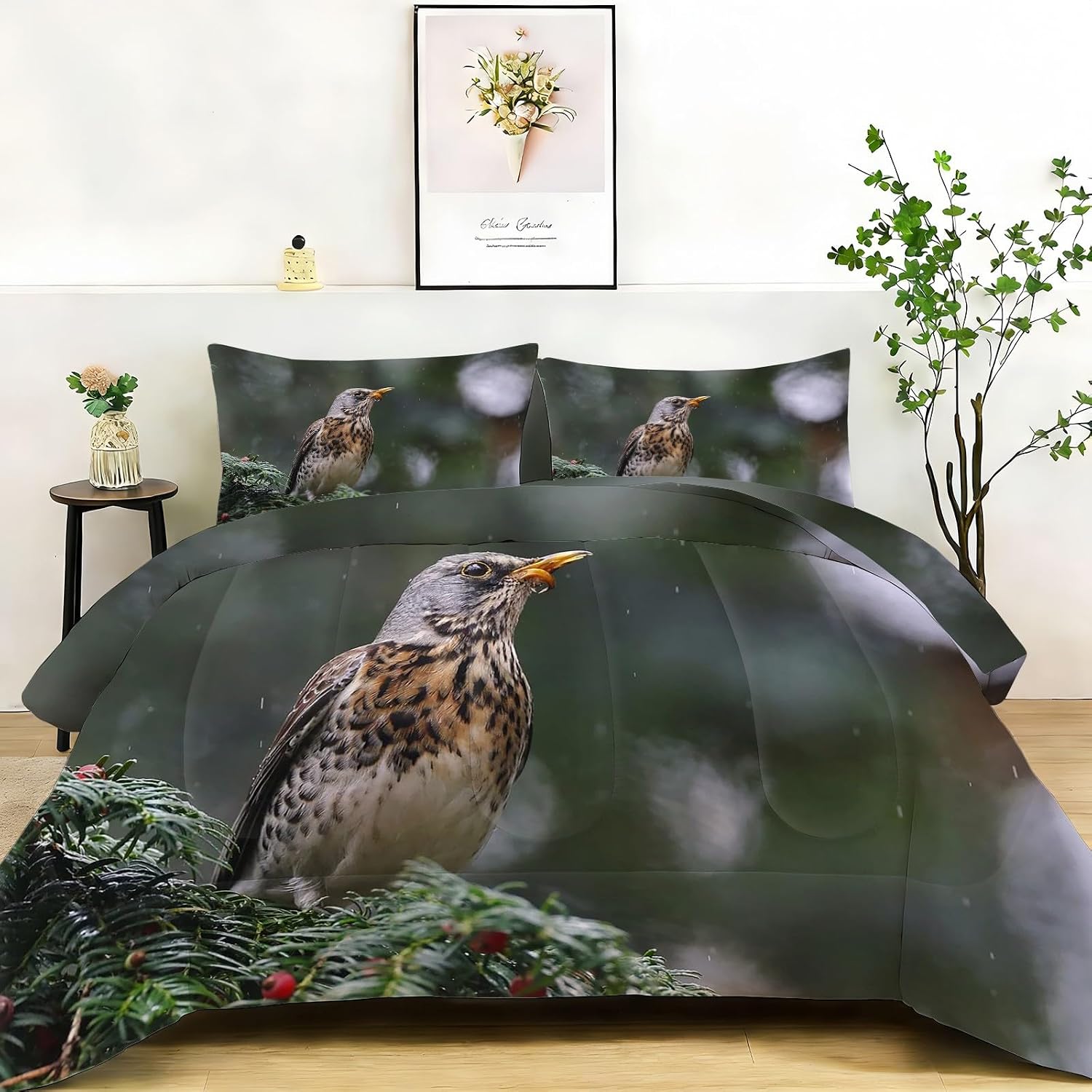 Small Bird King Size Comforter Set, Brown Comforter King Size Luxury Soft Microfiber Fluffy Printing Duvet Insert, Quilt with 2 Pillowcases for Kids and Adults YUb2717