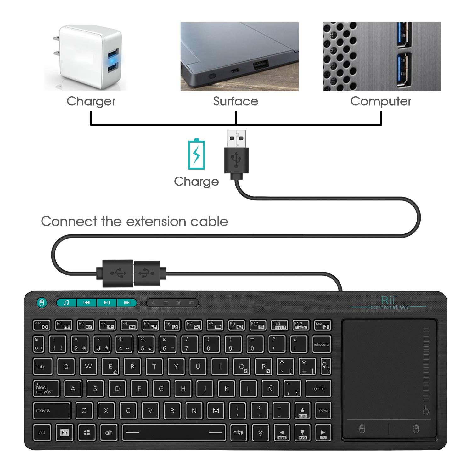 Rii K18 Plus - Teclado inalámbrico Recargable con iluminación Tricolor, diseño Ultra Delgado, para computadoras de Escritorio y televisores Inteligentes - ES Layout