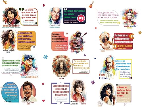 Decoración de tablón de anuncios en español en inglés, 29 piezas inspiradoras con citas hispanas, calcomanías positivas bilingües del mes de la