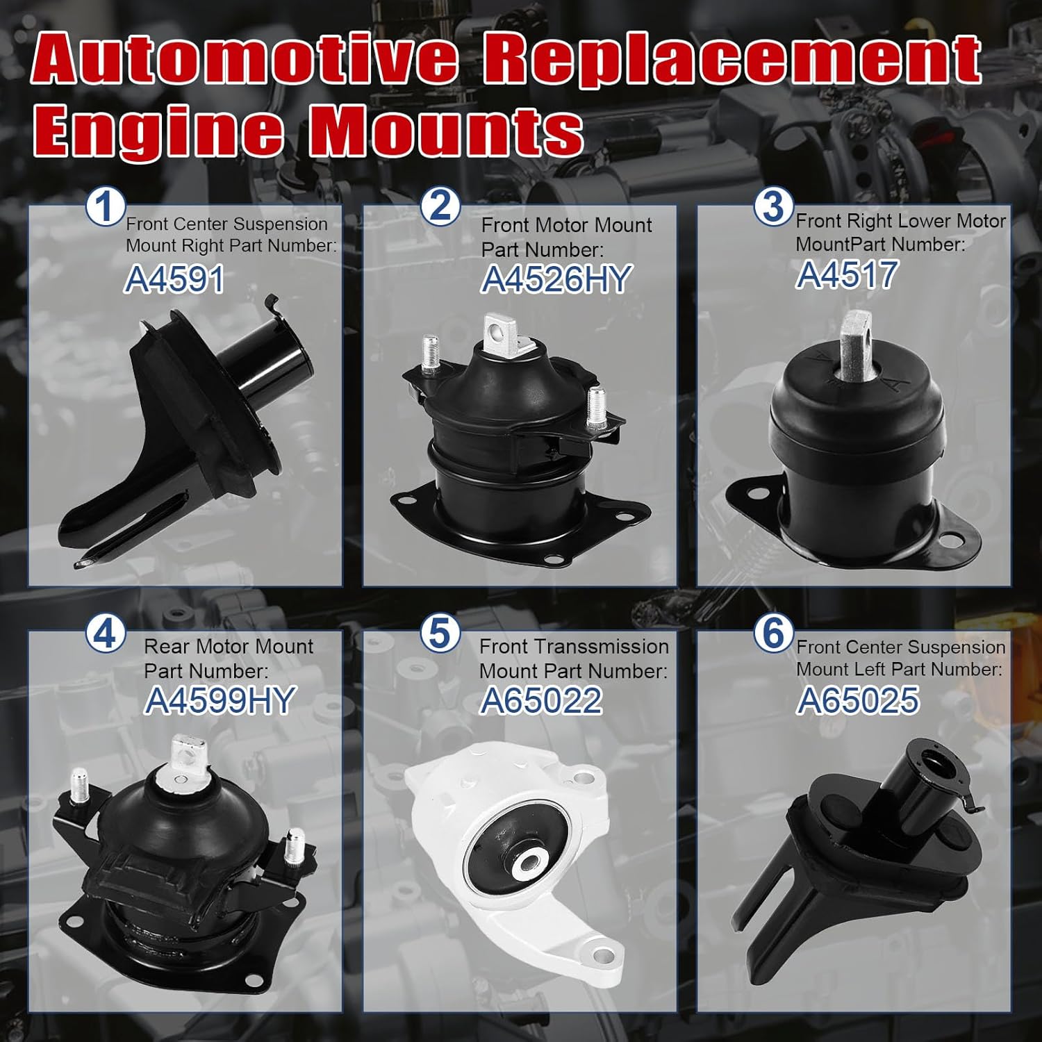 6Pcs Engine Motor Mount Compatible with Acura TL 3.2L 3.5L 2007 2008 Transmission Mount Set, Replace A4526HY A4599HY A4517 A4591 A65022 A65025, Silver/Black, CA-EM0054
