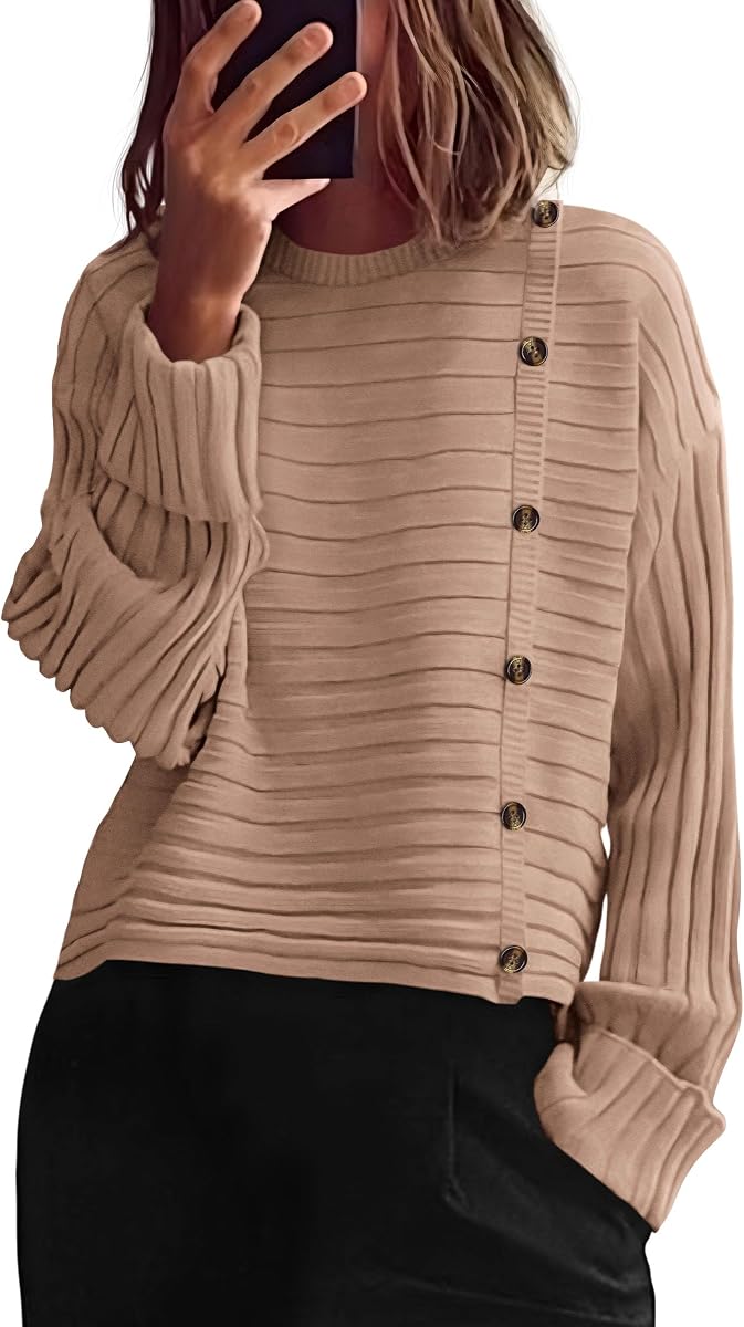 PRETTYGARDEN Womens Asymmetric Button Long Sleeve Sweater | Cozy Warm Knitwear, Chic Side Buttons, Crewneck Loose Fit Tops, Casual Work Office Party Outfits, Fall Winter Trendy Clothes