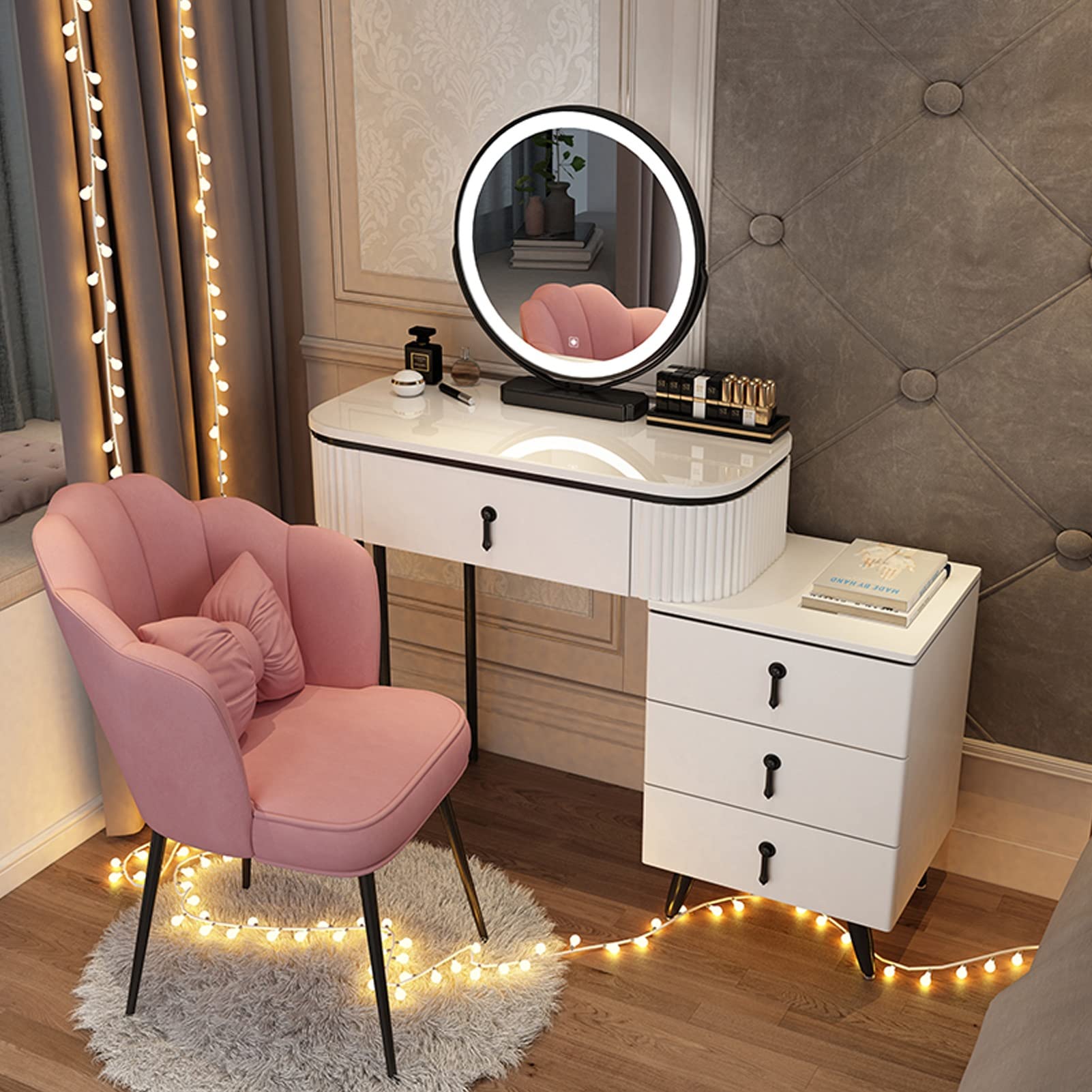 asdchZen Makeup Vanity Set With Dimmable 3-Color Led Mirror Stylish Dressing Table & Cushioned Stool For Home Bedroom & Studio Decor White & Black 100Cm