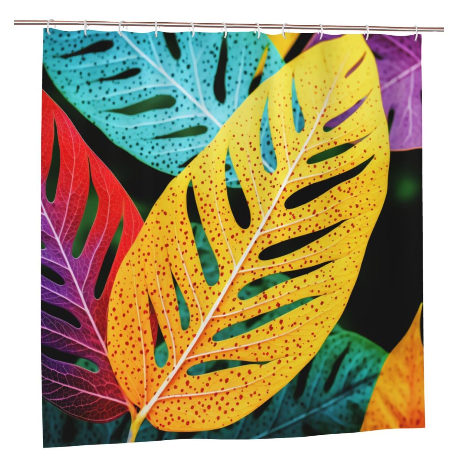 BWWHCCTI Colorful Leaf Printed Shower Curtain With 12 Plastic Hooks Opaque Quick Drying Waterproof Shower Curtains Sets For Bathroom 183x183 CM