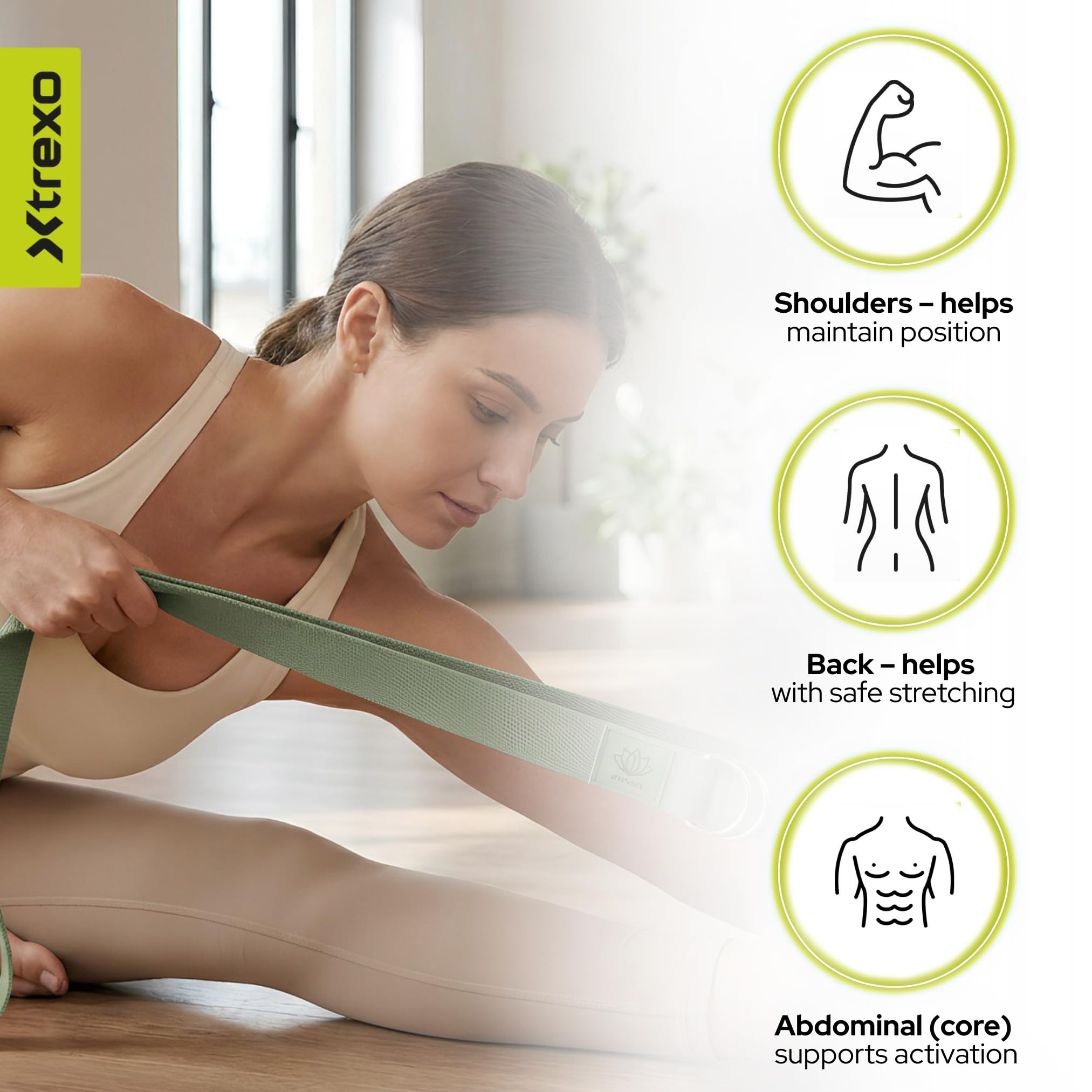 TREXO Sangle de yoga 183 x 3,8 cm - Boucle en forme de D - Réglage facile de la longueur pour différents asanas - Convient à différentes préférences - Accessoire idéal pour tout le monde
