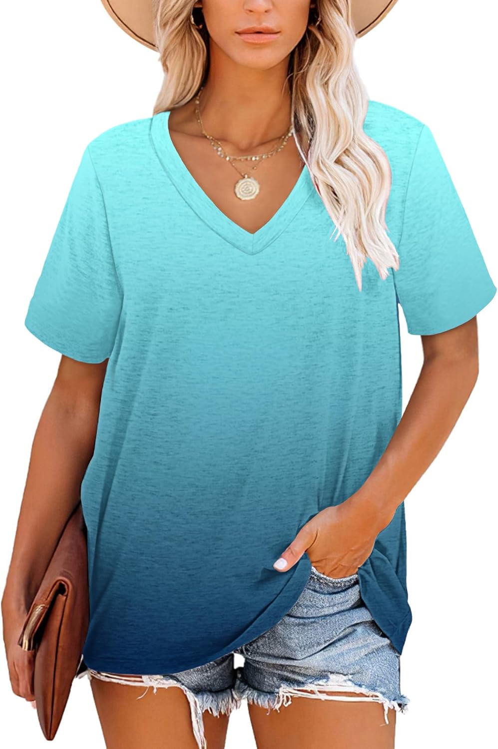 Molerani T-Shirts for Women, Short-Sleeve V-Neck Striped Summer Tops, Casual Loose Tee, Black, Size S-2XL