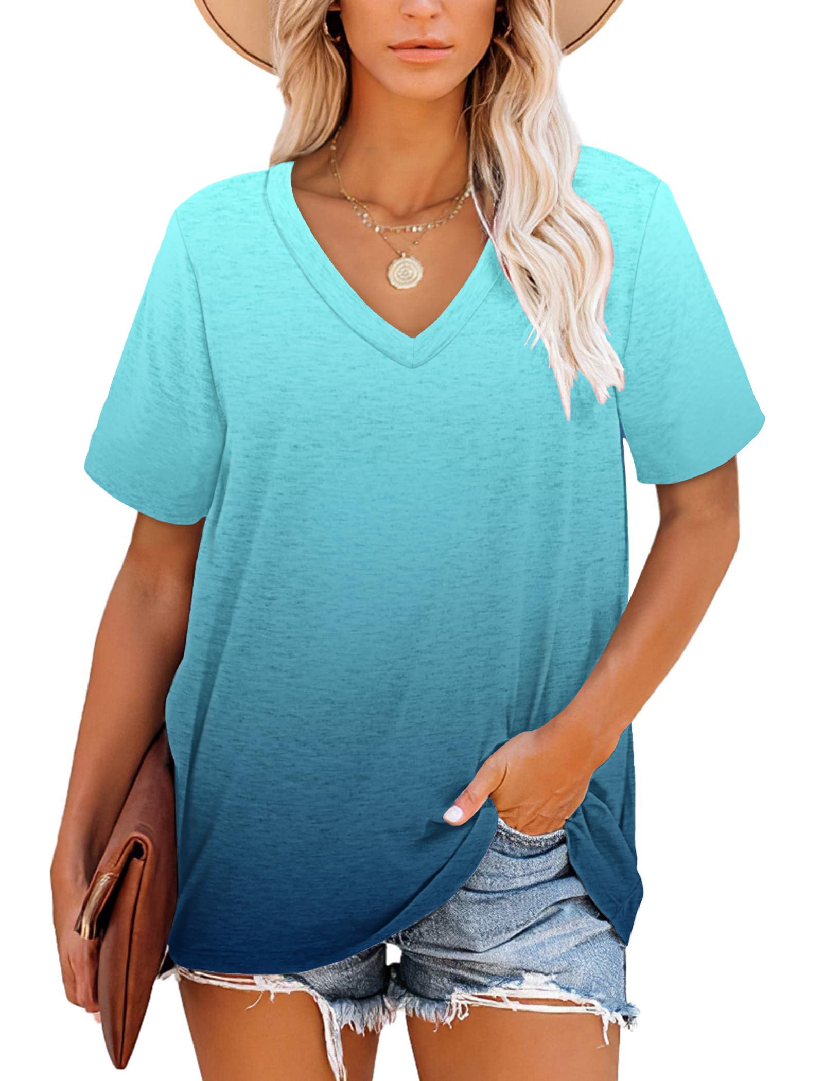 Molerani T-Shirts for Women, Short-Sleeve V-Neck Striped Summer Tops, Casual Loose Tee, Black, Size S-2XL