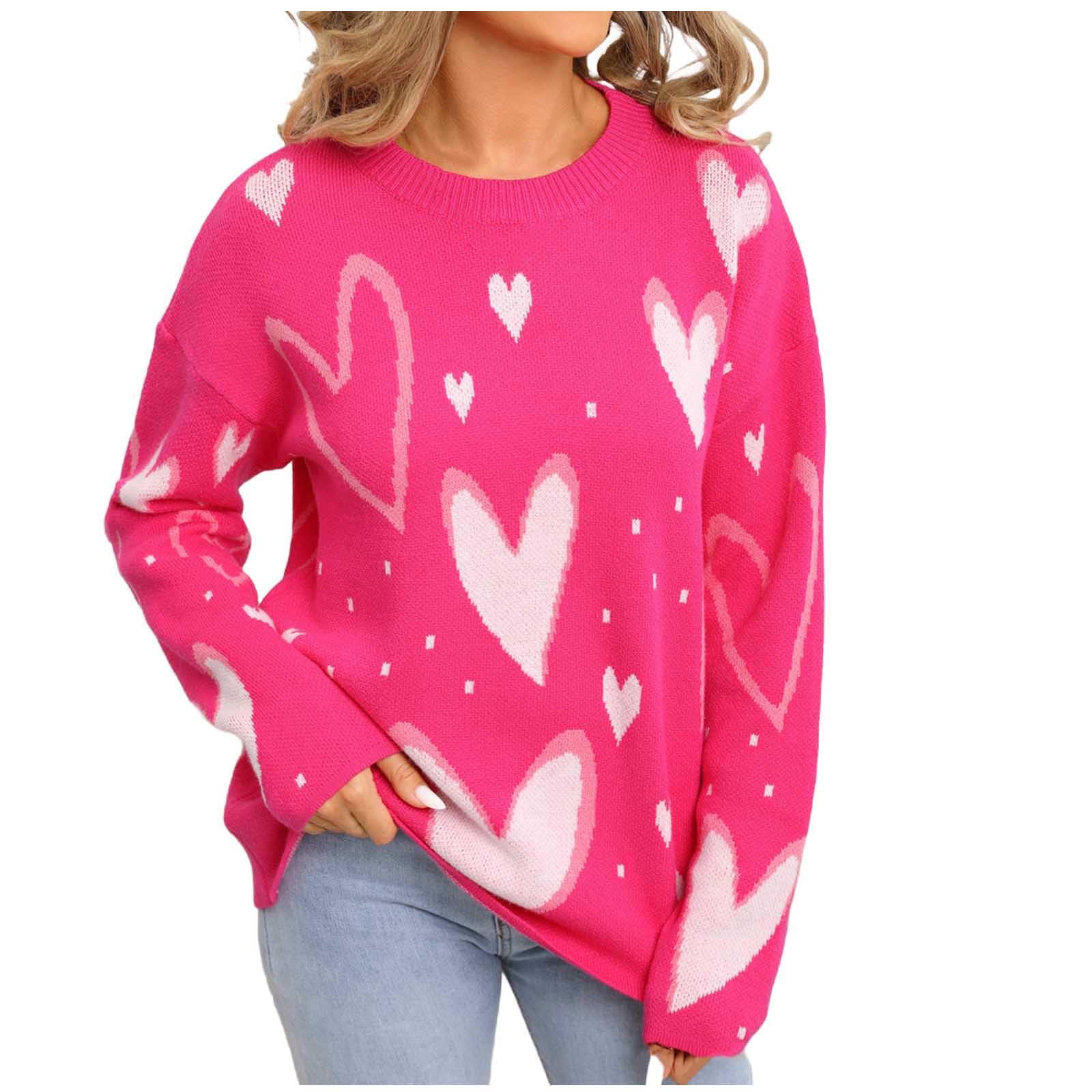 Womens Heart Sweater Crew Neck Casual Long Sleeve Loose fit Love Print Ribbed Knit Sweaters Fall Pullover Top