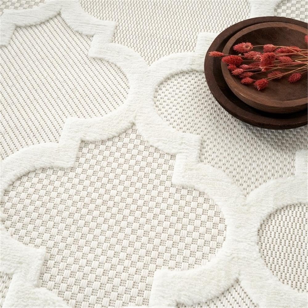 Pemberly Row Easy Care 9' x 12' Modern Area Rug, Ivory/White Flatweave Fabric, Moroccan Trellis Design, Oeko-TEX Certified, Durable Low-Shed Construction, Indoor/Outdoor Use for Porch, Patio, or