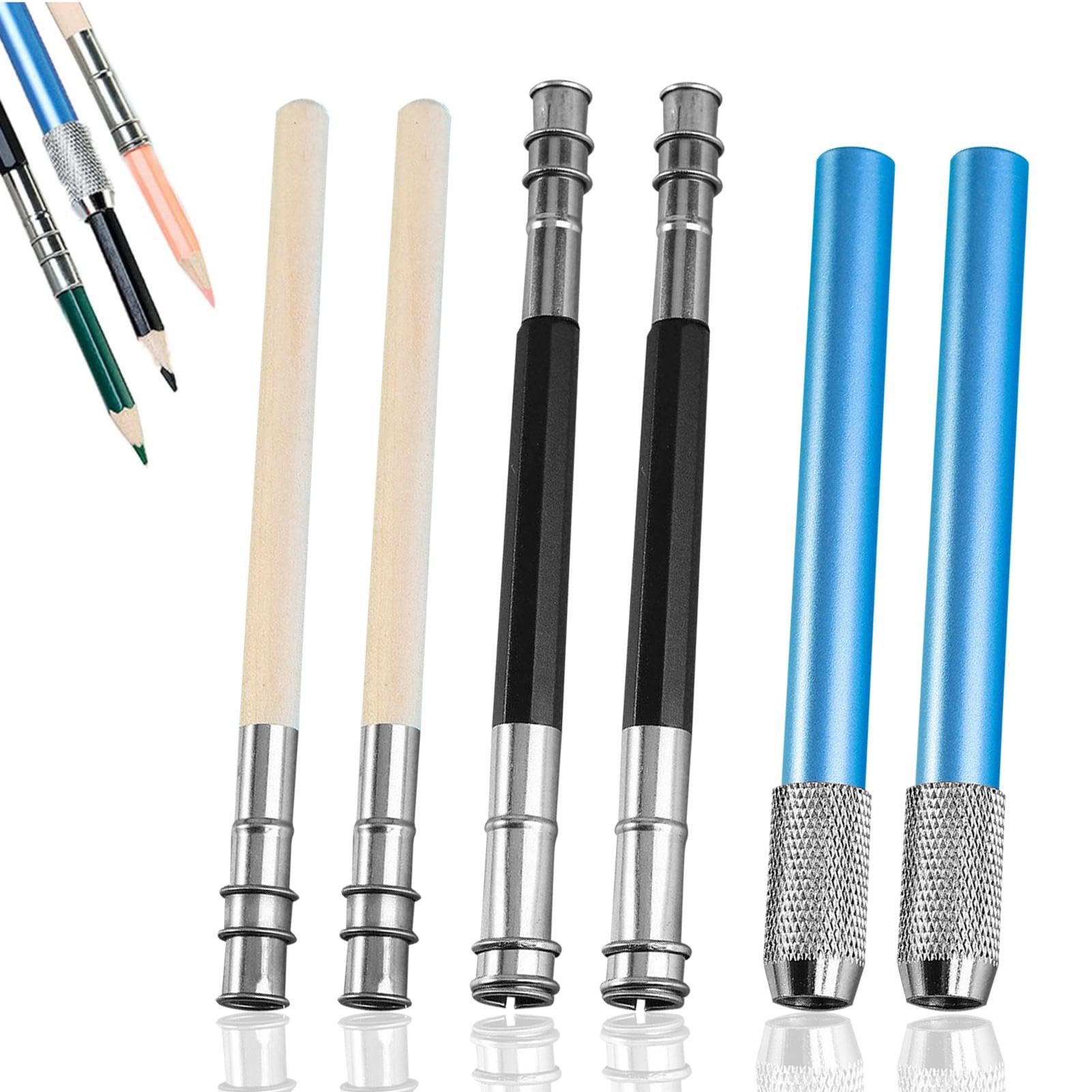 ZESHGON Pencil Extender Set,Including Wooden Handle, Adjustable Dual Head Extender Holder, Metal Handle Pen Holder, Art Writing Tool, Pencil Extension Suitable for Sketching(6 PCS)