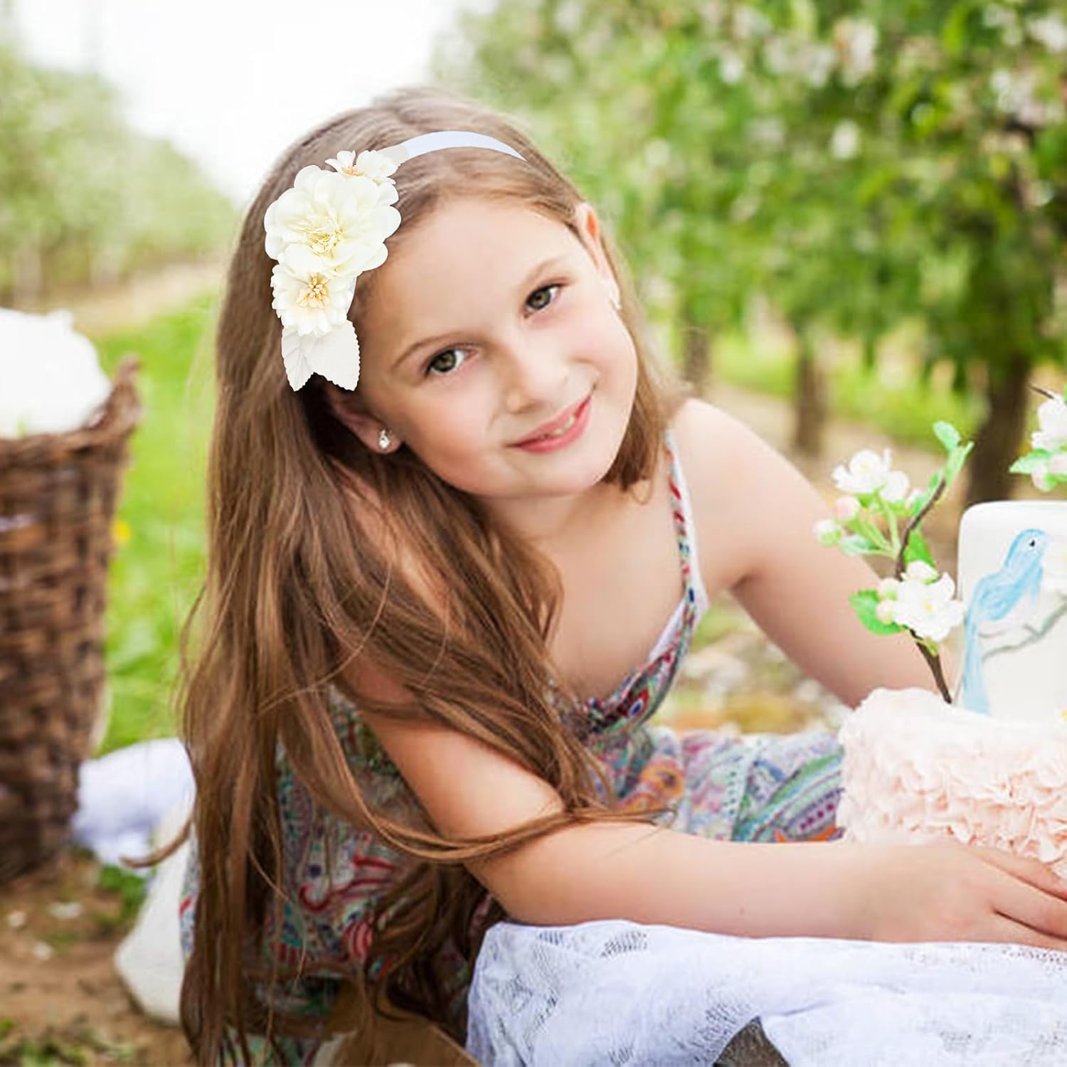 5 Pieces Pink Ivory Chiffon Flower Plasitc Headbands Floral Hair Bands Hoops Accessories - Image 6