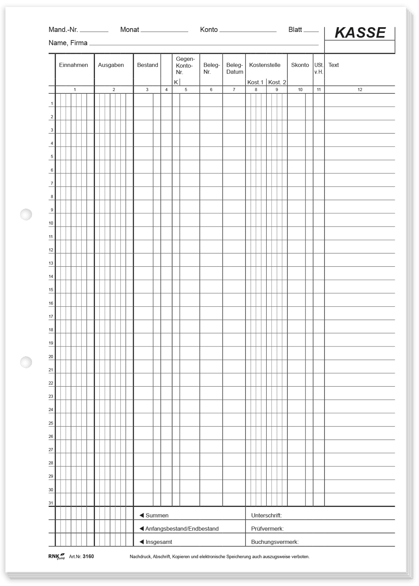 RNKVERLAG- EDV-Kassenbuch mit DATEV gerechtem Aufbau, im DIN A4 Format, perforiert, selbstdurchschreibend, Kassenbuch mit 2 x 50 Blatt (1x Weiß, 1x Durchschrift in Gelb), 1 Stück