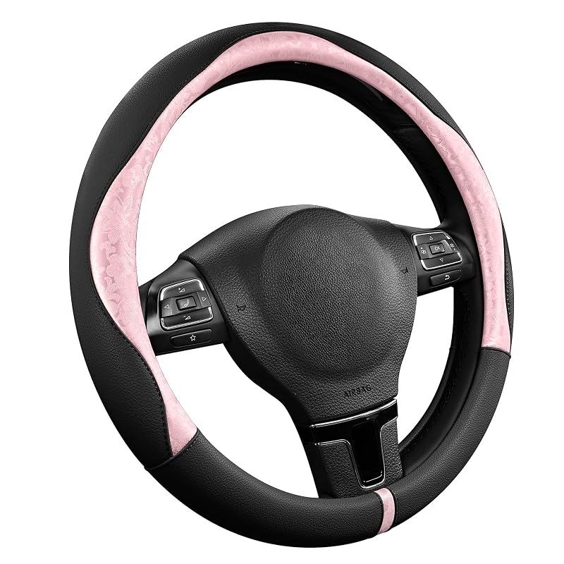 Capa para Volante PIC AUTO Rosa e Preta em Couro Sintético PU com Design Patchwork, 36,8–39,4 cm, FLW-PK&BLACK