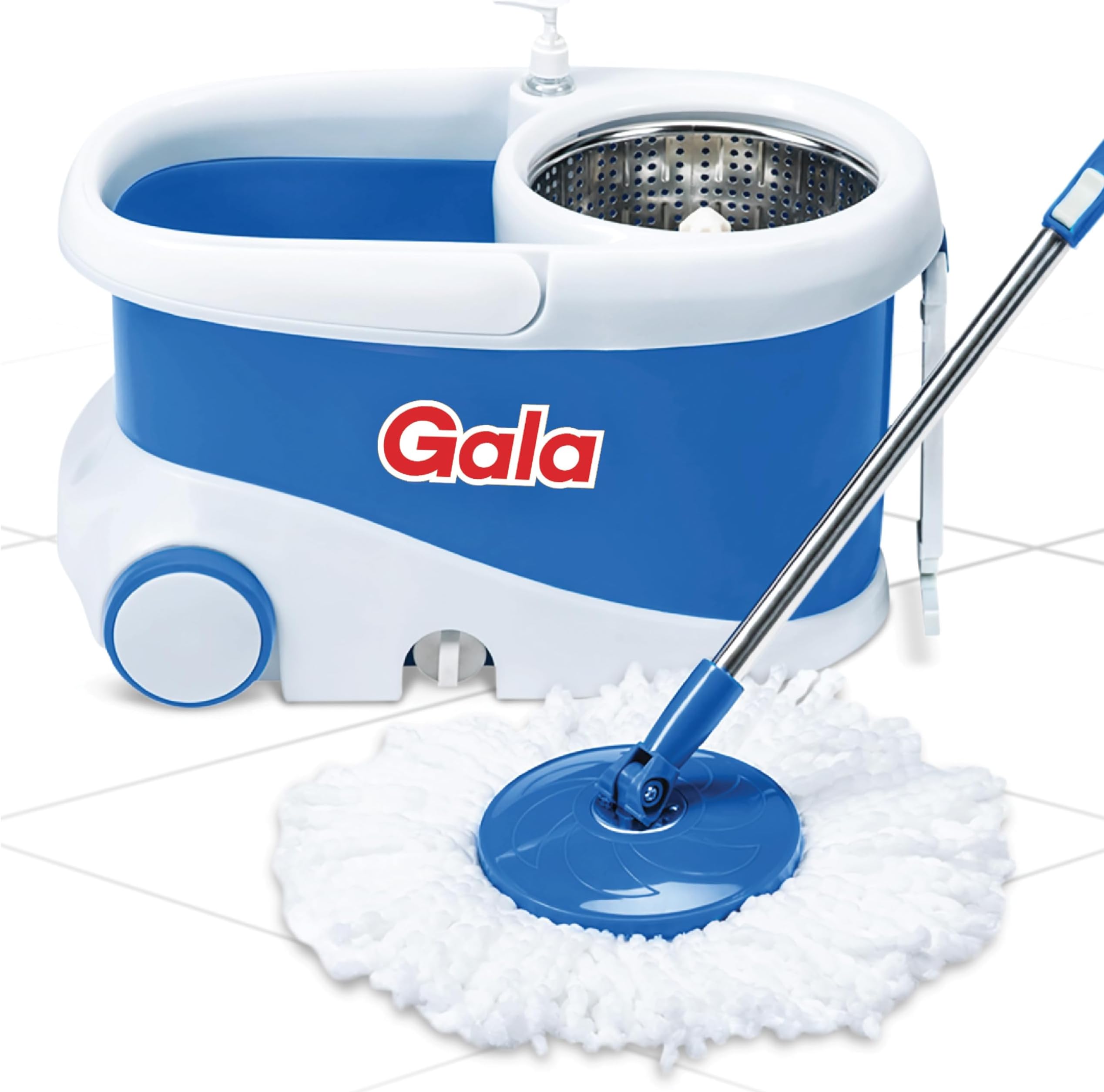 Gala Jet Spin Mop, Steel Winger & Big Wheels, 2 Microfiber Refills, Floor Cleaning Mop Stick with Bucket, pocha for Floor Cleaning, Mopping Set (White and Blue)