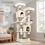 Globlazer F74D Arbre de chat pour les grands chats 20+ C'est vrai. 74in Tour haute, Beige Assemblage facile, Maine Coon, Grands Chats, 2 Condos, bol de panier en acier-Rim, lit en peluche, 2 Perches, Posts sisal, Strap anti-superficie