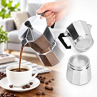 6-Cup Moka Pot, 300ml Stovetop Espresso Maker, Aluminum Coffee Percolator with Black Handle, Italian Style Greca Coffee Maker for Home, Camping and Travel