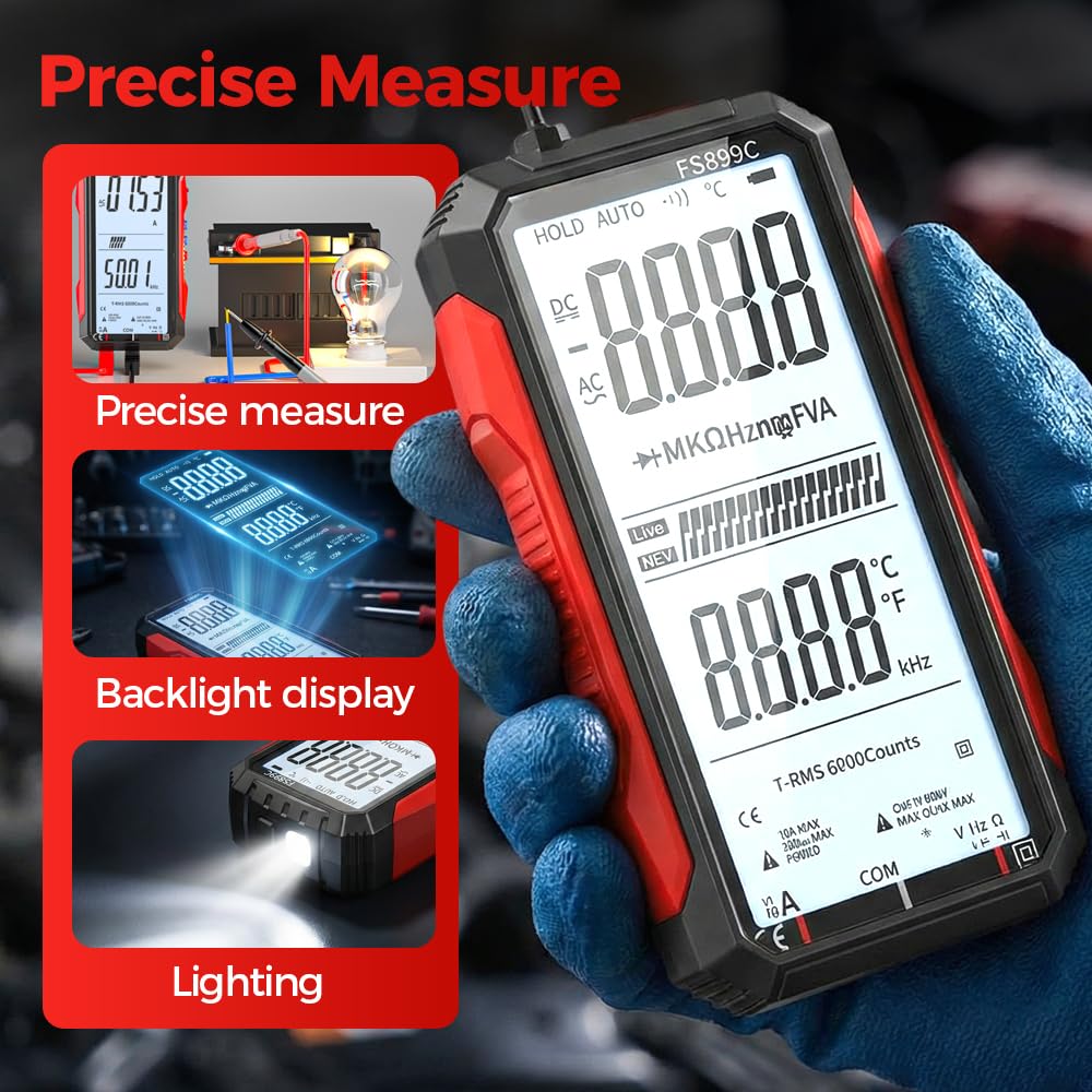 Rechargeable Digital Multimeter, 2026 Upgraded FS899L Multimeter, Auto Digital Display Tester, 6000 Counts True RMS Tester with Color Screen, for Home Automotive Industrial Electrical Repairs (FS899L)