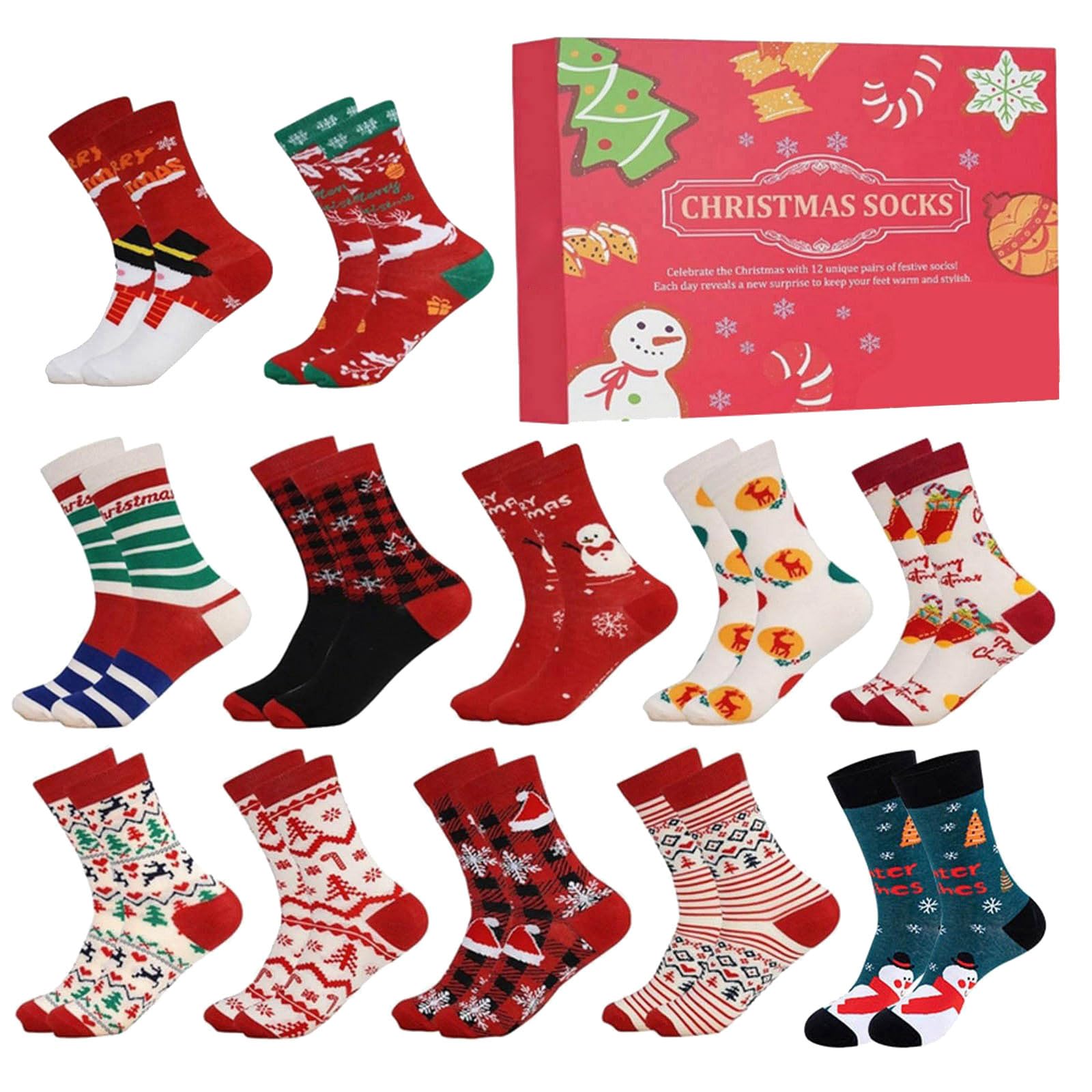 Lot de 12 paires de chaussettes de Noël unisexes - Cadeau de Noël pour la famille - Motif de Noël amusant - Chaussettes douillettes légères et douces - Respirantes - Chaussettes d'hiver chaudes et
