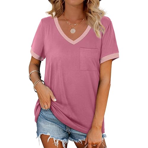 Geifa Womens T Shirts Short Sleeve V Neck Loose Casual Summer Tops 2026 with Pocket