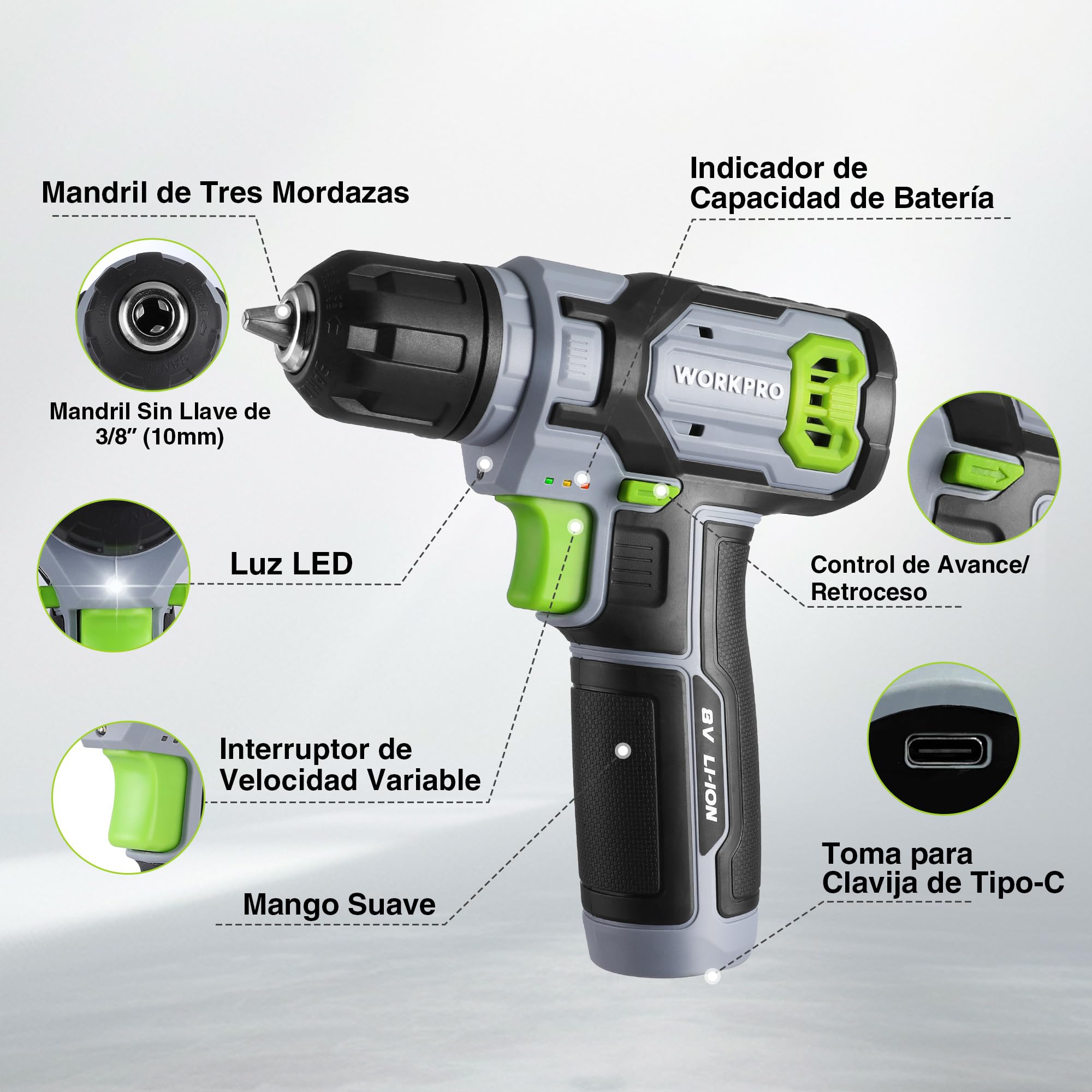 WORKPRO Atornillador Eléctrico 8V con 53 Accesorios | Destornillador Recargable con Velocidad Variable, Luz LED y Estuche para Montaje y Reparación