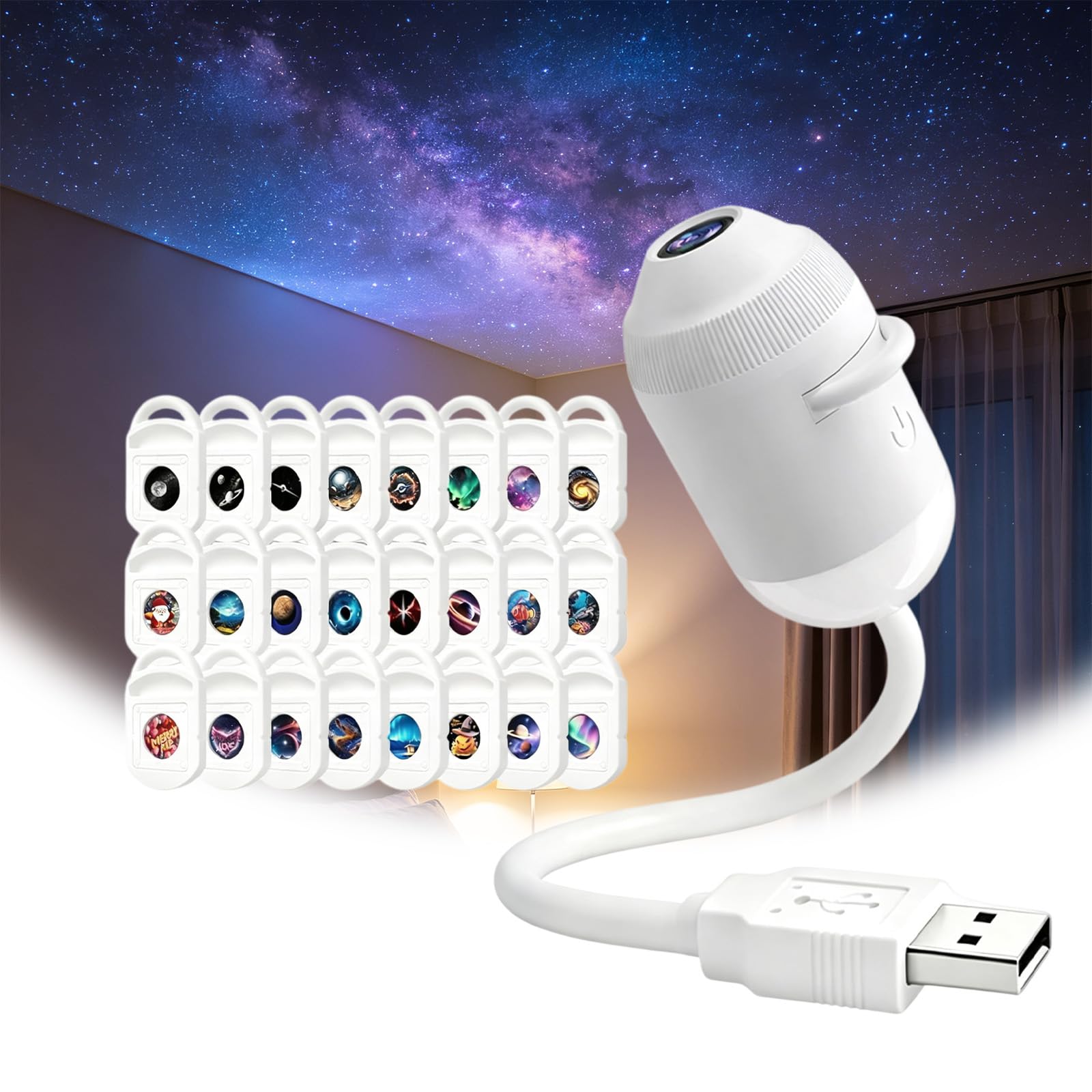 Galix Proiettore Stelle Luci Notturne, Galaxy Projector Night Light,Proiettore Soffitto, Con 6/12/24 Scene Di Proiezione Sostituibili per Camere, Soggiorni oFeste，24-image