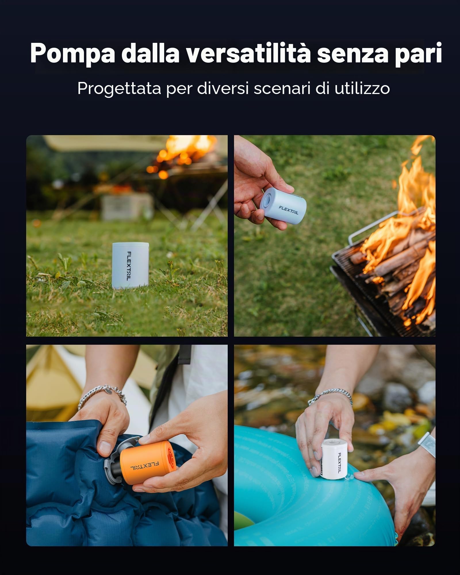 FLEXTAILGEAR TINY PUMP 2, Pompa Elettrica Portatile da Campeggio, Pompa Sottovuoto, 4 kPa(180 L/min) Pressione e Portata Elevate, 5 Ugelli Multifunzione per Letto ad Aria, Sacchetto Sottovuoto