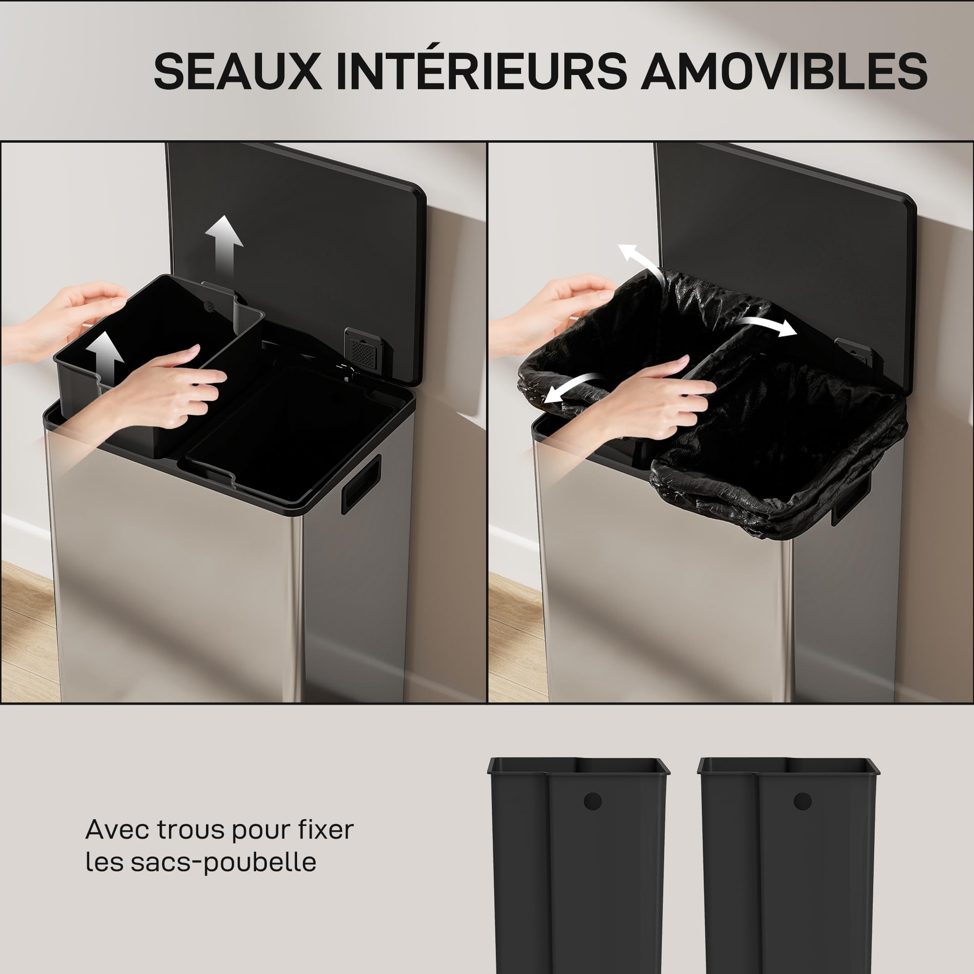 HOMCOM Poubelle à double compartiment 2 x 30L, poubelle de cuisine à pédale tri sélectif en acier inoxydable, seaux intérieurs, couvercle à fermeture douce et maintien en ouverture, poignées, argent