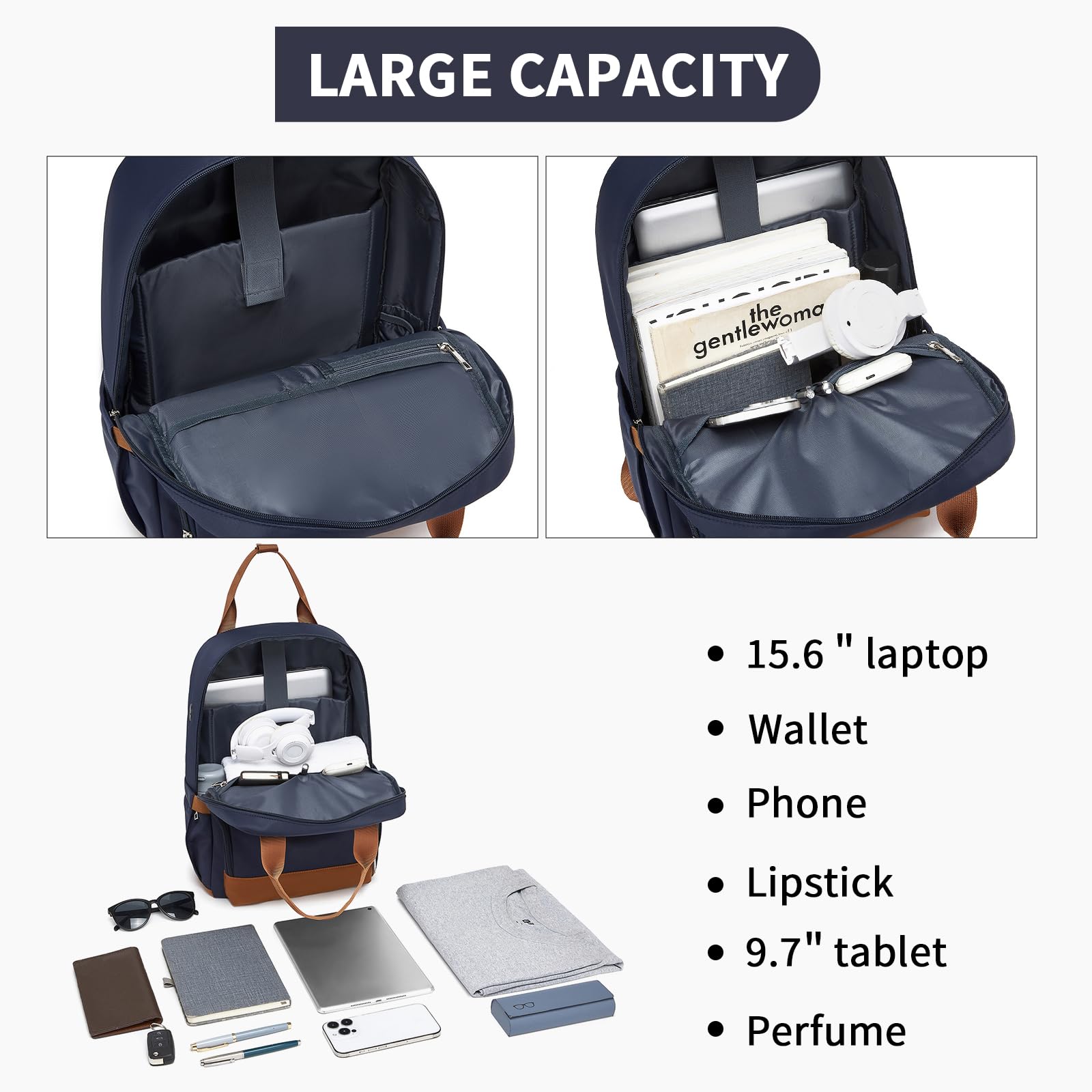 Kono Mochila para Ordenador Portátil 15,6 Pulgadas para Mujer, Elegante, Impermeable y Antirrobo de Gran Capacidad para Escuela, Universidad, Trabajo y Viaje (Azul oscuro/Marrón)