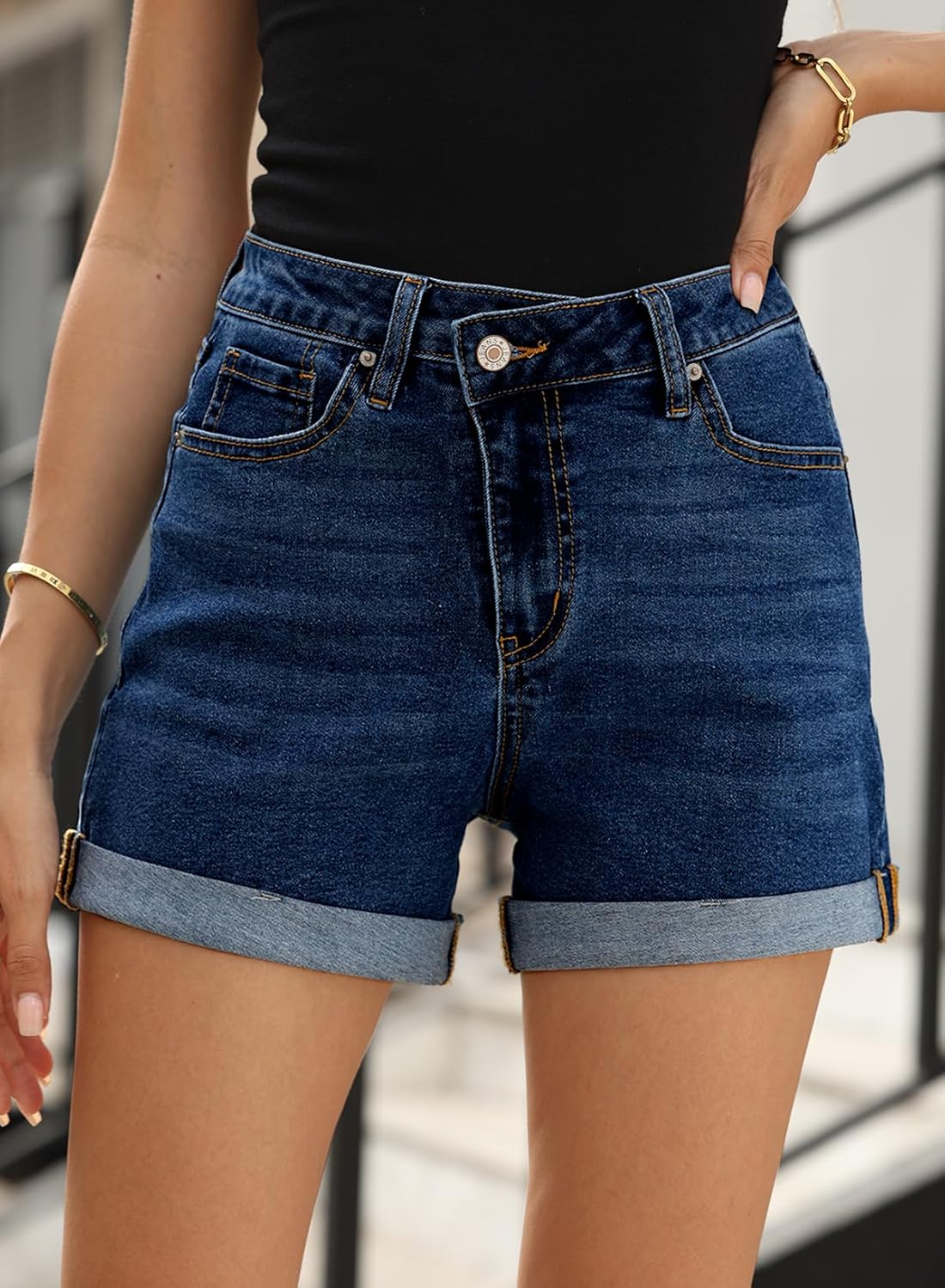 Sidefeel Women's Jean Shorts High Waisted Stretchy Casual Rolled Hem Zimbaplatinum Denim Shorts - Image 4