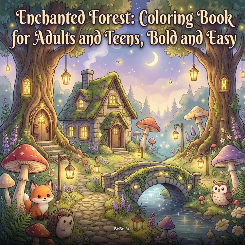Enchanted Forest Coloring Book for Adults — Bold & Easy Cottagecore Woodland Designs: 50 Magical Fairy Cottages, Mushroom Villages, Woodland Animals & ... Scenes — Stress Relief for Teens & Grown-Ups