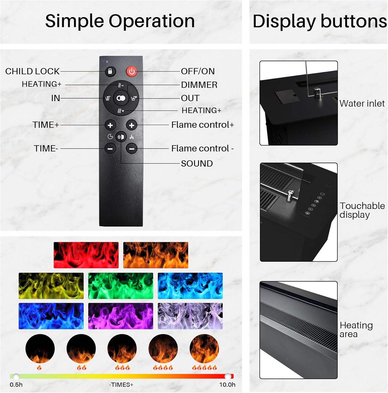 47.2" 3D Water Vapor Electric Fireplace Heater - Humidifier Function,Smart APP/Remote Control,Colorful Realistic Flame, Decorative Steam Atomizing Fireplace for Home, Office, Hotel & Restaurant
