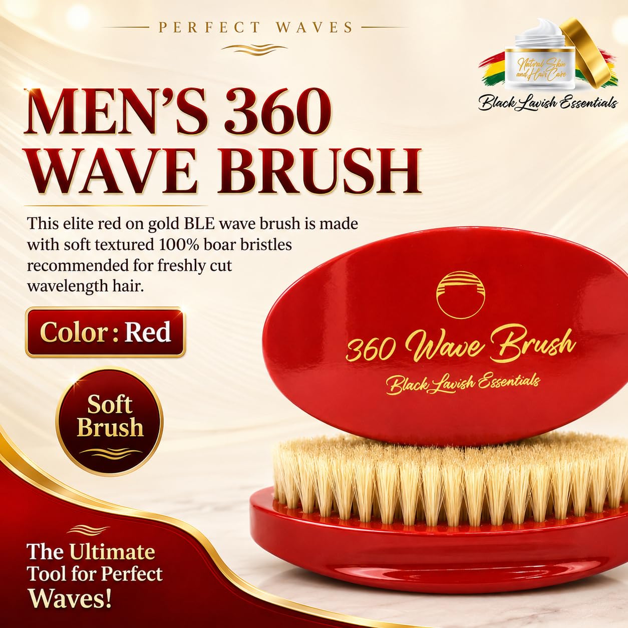 Cepillo de ondas 360, construye ondas más profundas, cepillos curvados de cerdas de jabalí suaves y duras (cepillo suave, rojo)