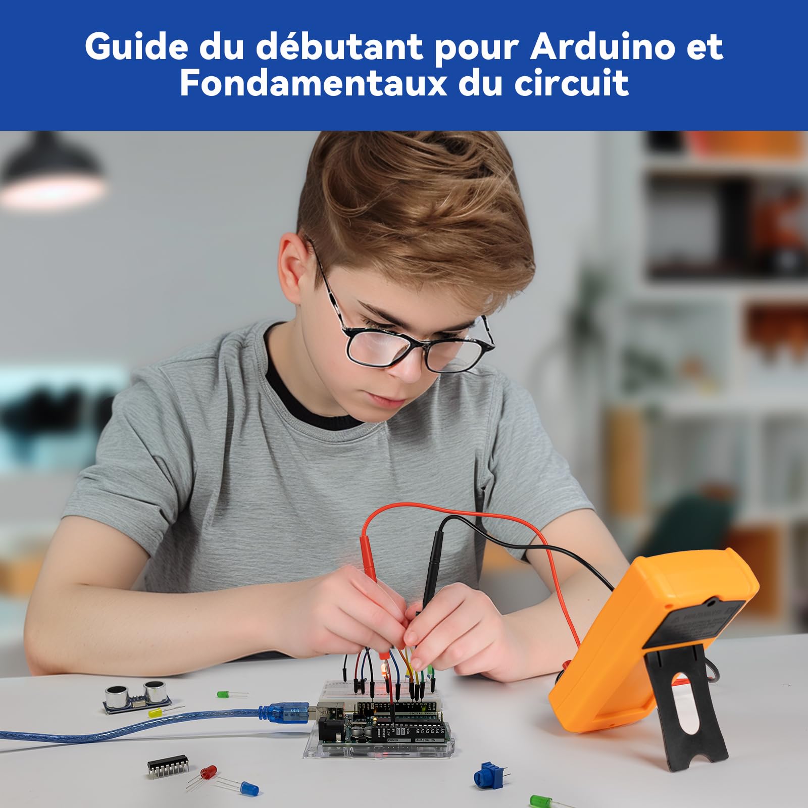 SunFounder Kit de démarrage Beginner's Lab avec carte Arduino Uno R3 REV3 originale, multimètre, 34 projets, carte d'essai, batterie HCSR-04, conforme RoHS, pour débutants et ingénieurs