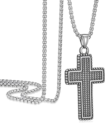 Cross Necklace for Men, Stainless Steel Christian Cross Pendant Necklaces for Men, Silver Chain Necklace for Men, Fade-Resistant, Stylish Jewelry Gift for Him