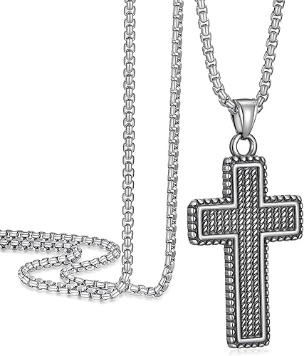 Cross Necklace for Men, Stainless Steel Christian Cross Pendant Necklaces for Men, Silver Chain Necklace for Men, Fade-Resistant, Stylish Jewelry Gift for Him