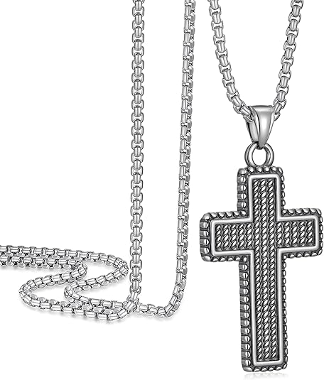 Cross Necklace for Men, Stainless Steel Christian Cross Pendant Necklaces for Men, Silver Chain Necklace for Men, Fade-Resistant, Stylish Jewelry Gift for Him