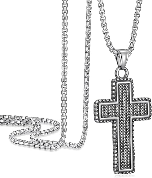 Cross Necklace for Men, Stainless Steel Christian Cross Pendant Necklaces for Men, Silver Chain Necklace for Men, Fade-Resistant, Stylish Jewelry Gift for Him