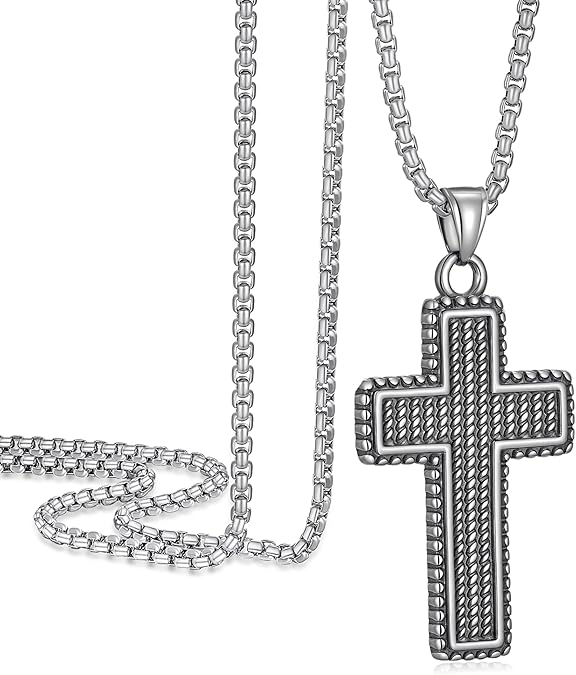 Cross Necklace for Men, Stainless Steel Christian Cross Pendant Necklaces for Men, Silver Chain Necklace for Men, Fade-Resistant, Stylish Jewelry Gift for Him