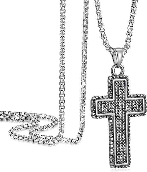 Cross Necklace for Men, Stainless Steel Christian Cross Pendant Necklaces for Men, Silver Chain Necklace for Men, Fade-Resistant, Stylish Jewelry Gift for Him