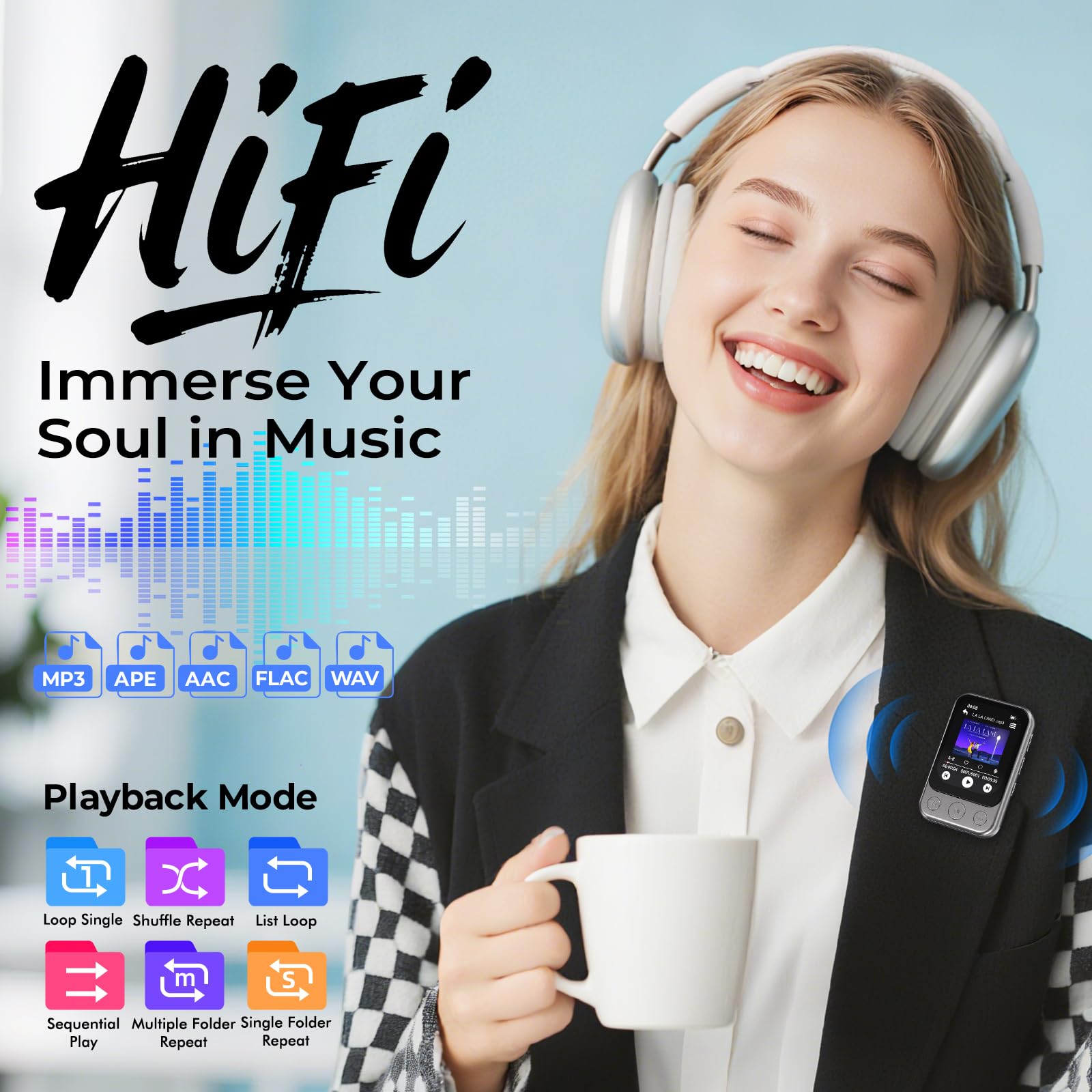 64GB MP3 Player Bluetooth 5.3 mit Clip & Lautsprecher, Sport Musik-Player mit Touchscreen und Tasten, unabhängiger Lautstärkeregler, FM-Radio, Sprachaufnahme, erweiterbar auf bis zu 128GB