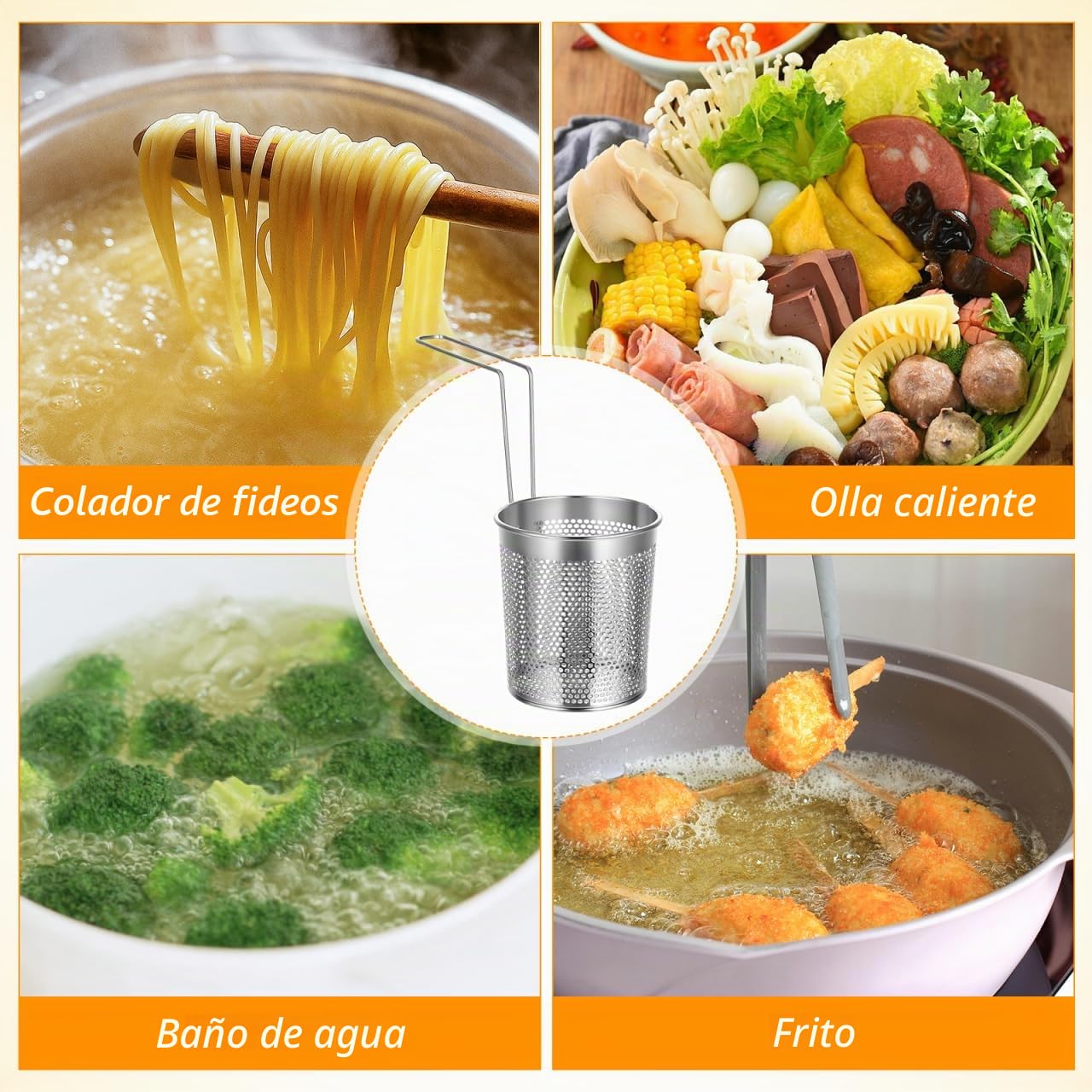 Hemoton Cesta de pasta plegable de acero inoxidable con asa, cesta de pasta, accesorio Hotpot, colador de cocina para pasta, albóndigas, verduras y freír, (Diámetro 5 pulgadas/13 cm)