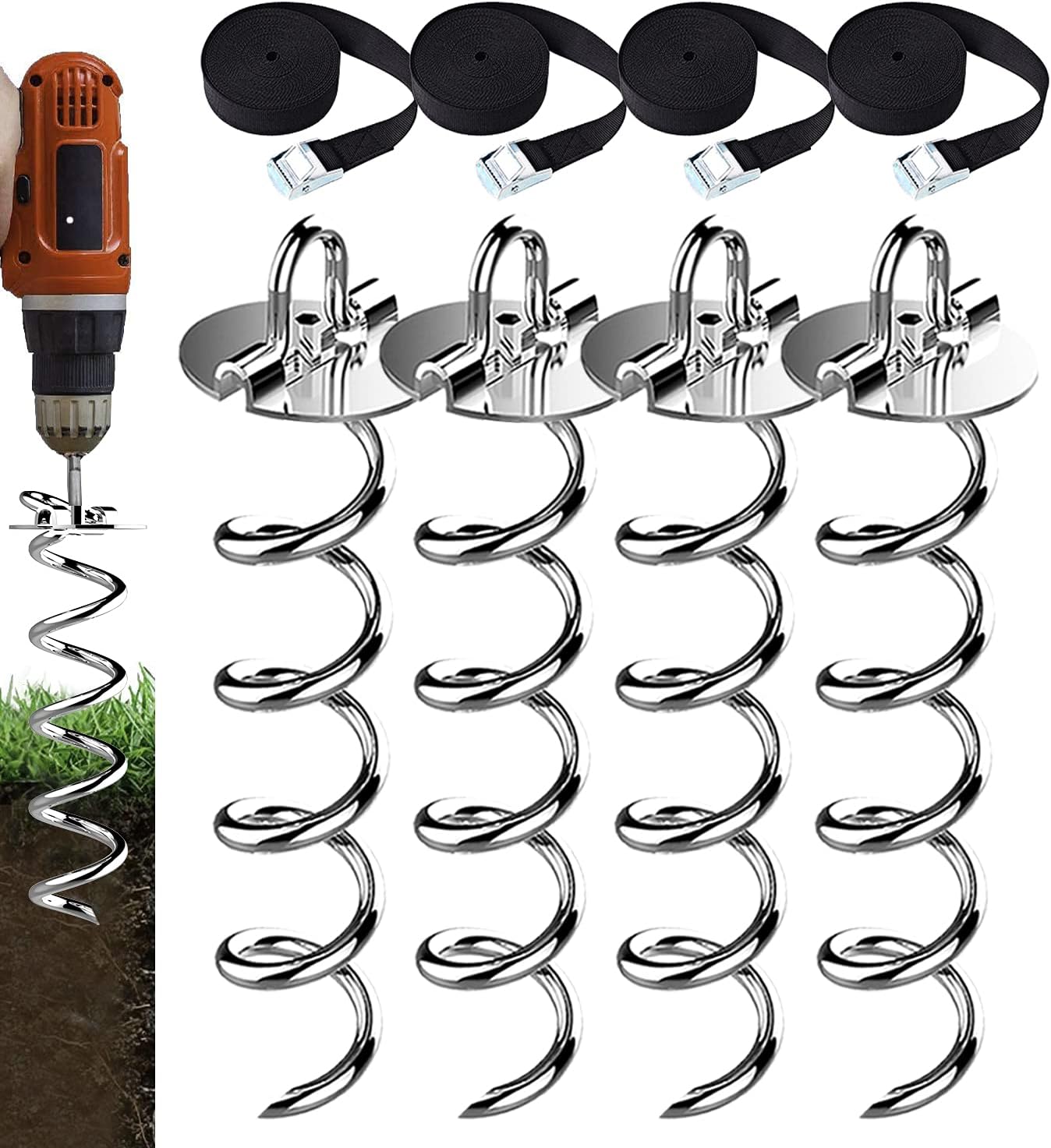Eurmax 4-Pc Pack Spiral Stakes Heavy Duty Anchor Kit Ice Screw Anchor for Trampoline, Tents, tarps, Canopies,Car Ports,Dog tie Out and etc Bonus Tie Down Straps 4-Pc Pack