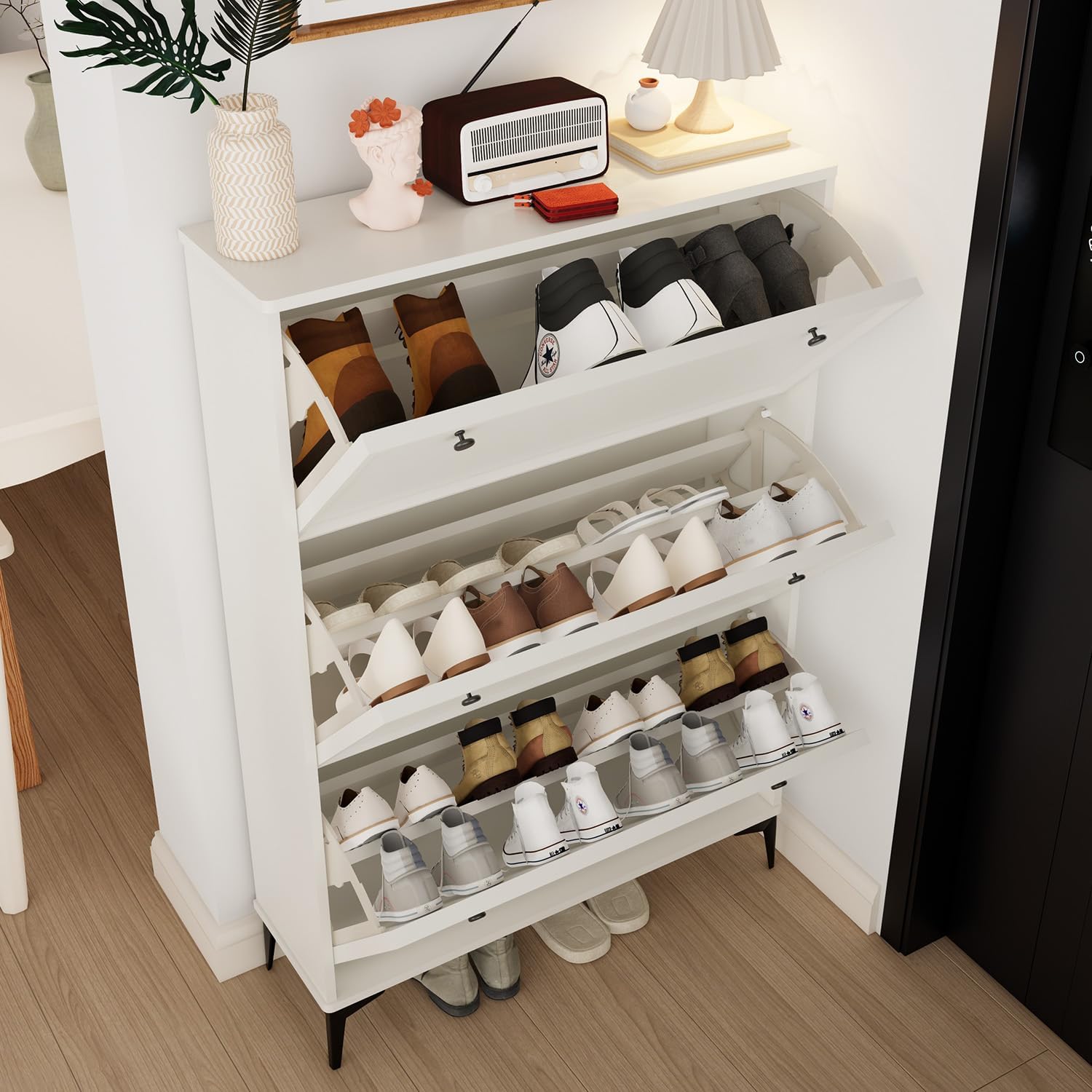 Angel Sar shoe cabinet with shoes neatly stored in open flip drawers